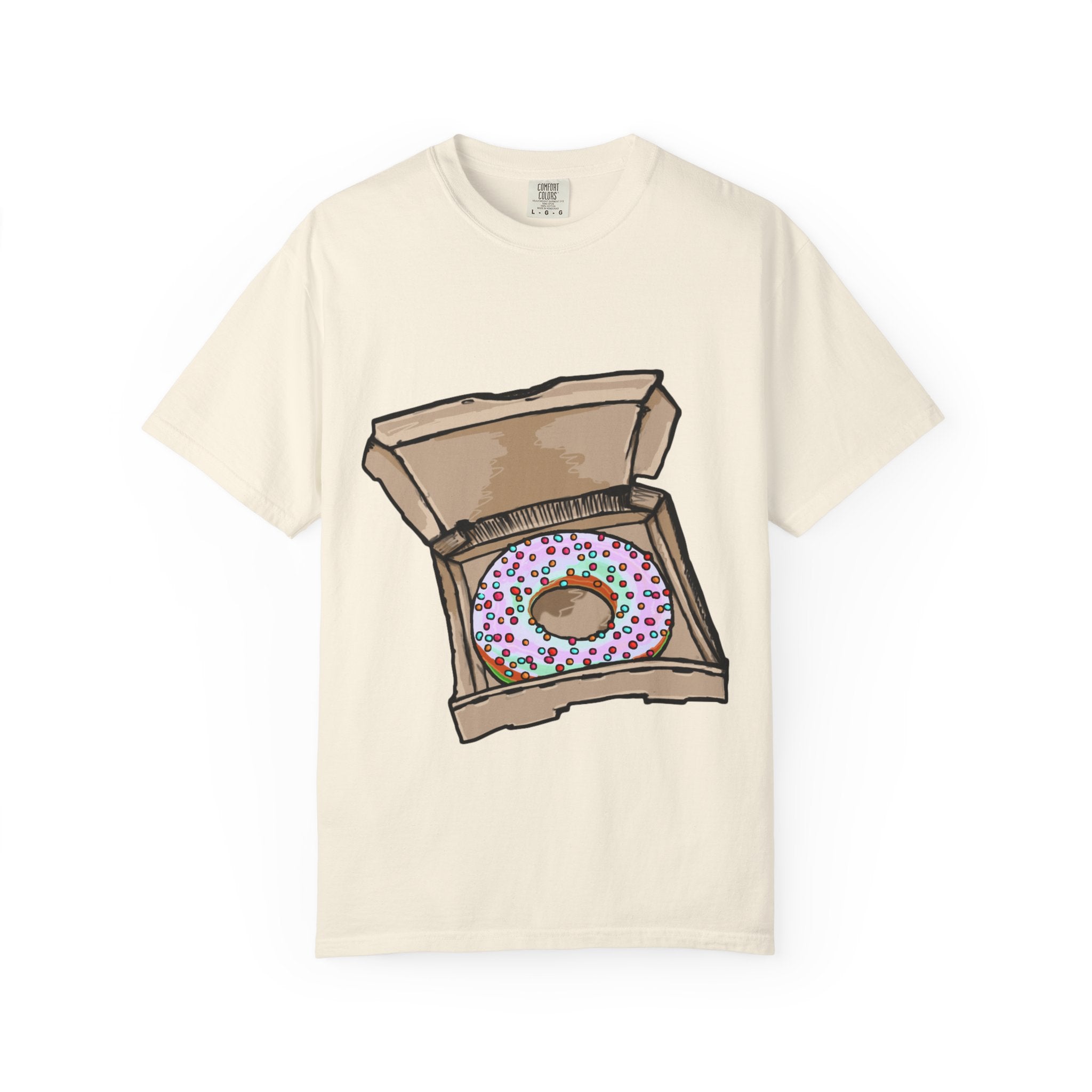 Hand-drawn rainbow donut pizza box t-shirt showing open pizza box with a colorful sprinkle donut from PizzaBytes collection

