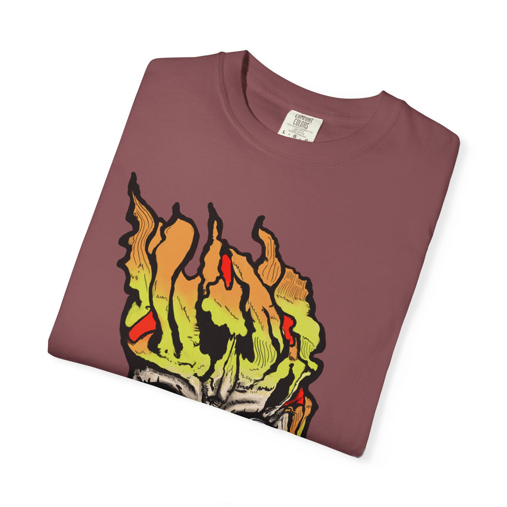 Freaky Features Flaming Skull t-shirt, front shows flaming skull with hypnotic eyes and chili nose, back shows open pizza box with loaded pepperoni pizza
