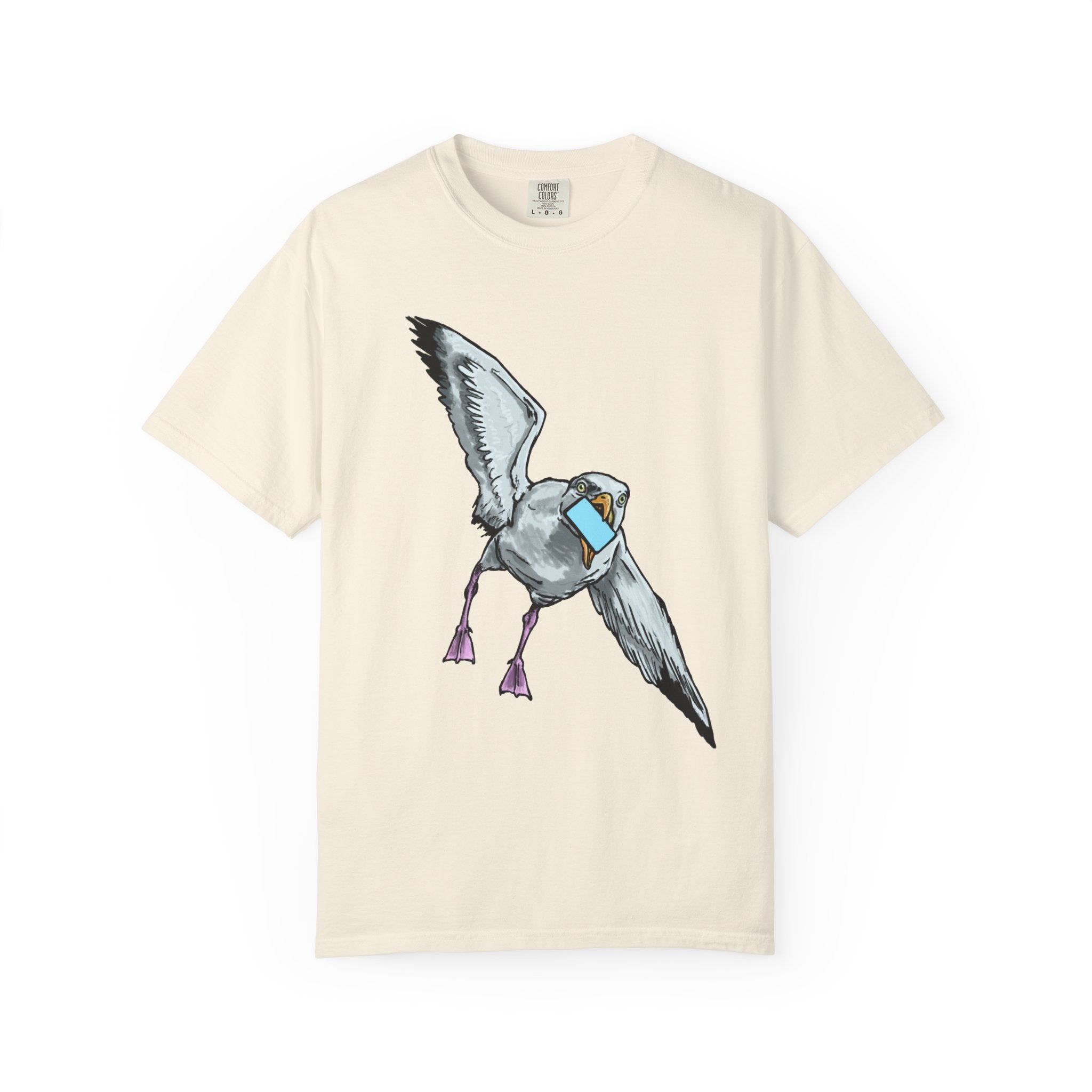 Hand-drawn pizza-stealing seagull monster t-shirt, outstretched wings and purple legs on tee from PizzaBytes collection

