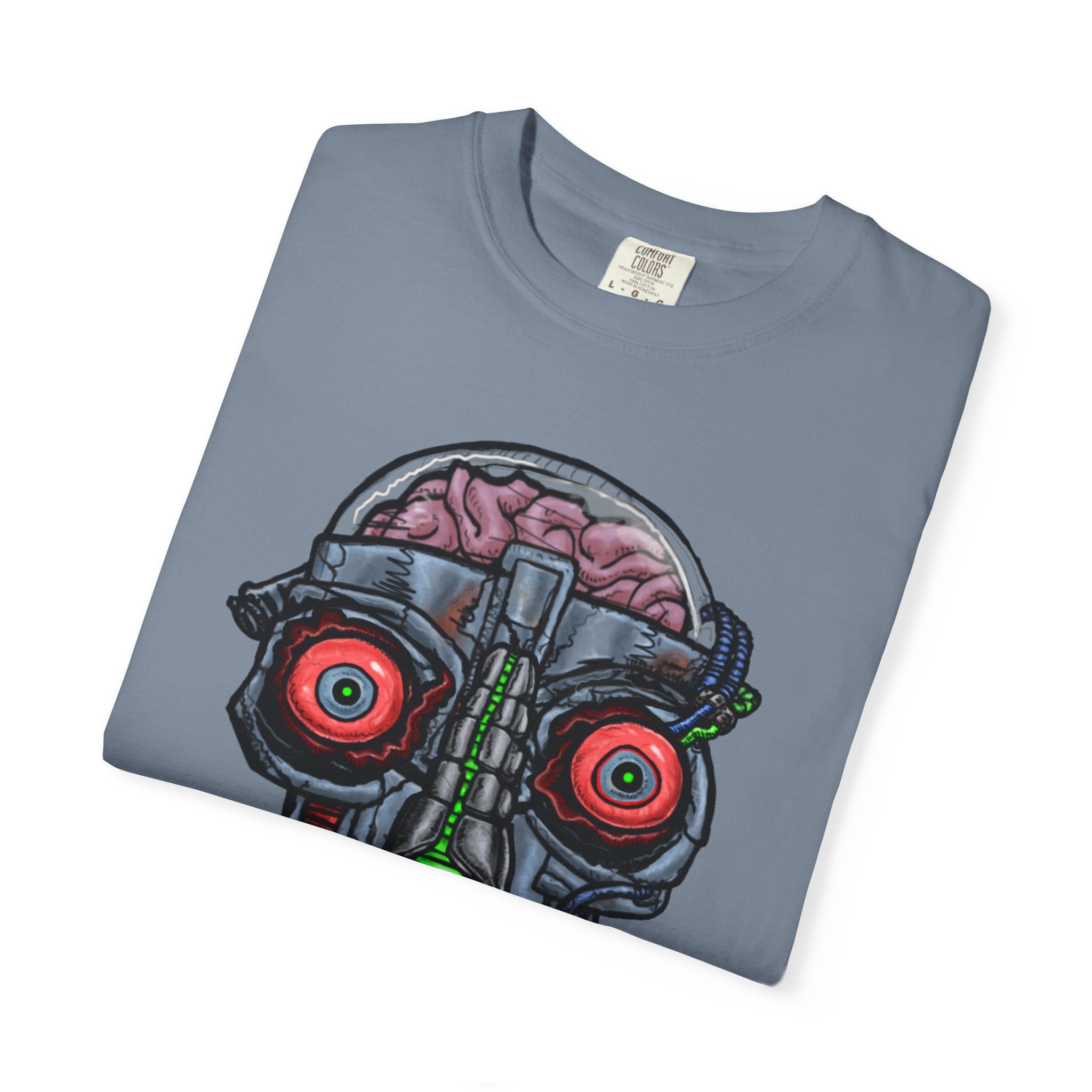 Freaky Features Robo Bobo t-shirt, front shows cybernetic robot skull with exposed brain and glowing eyes, back shows open pizza box with 8-bit pixel pepperoni pizza

