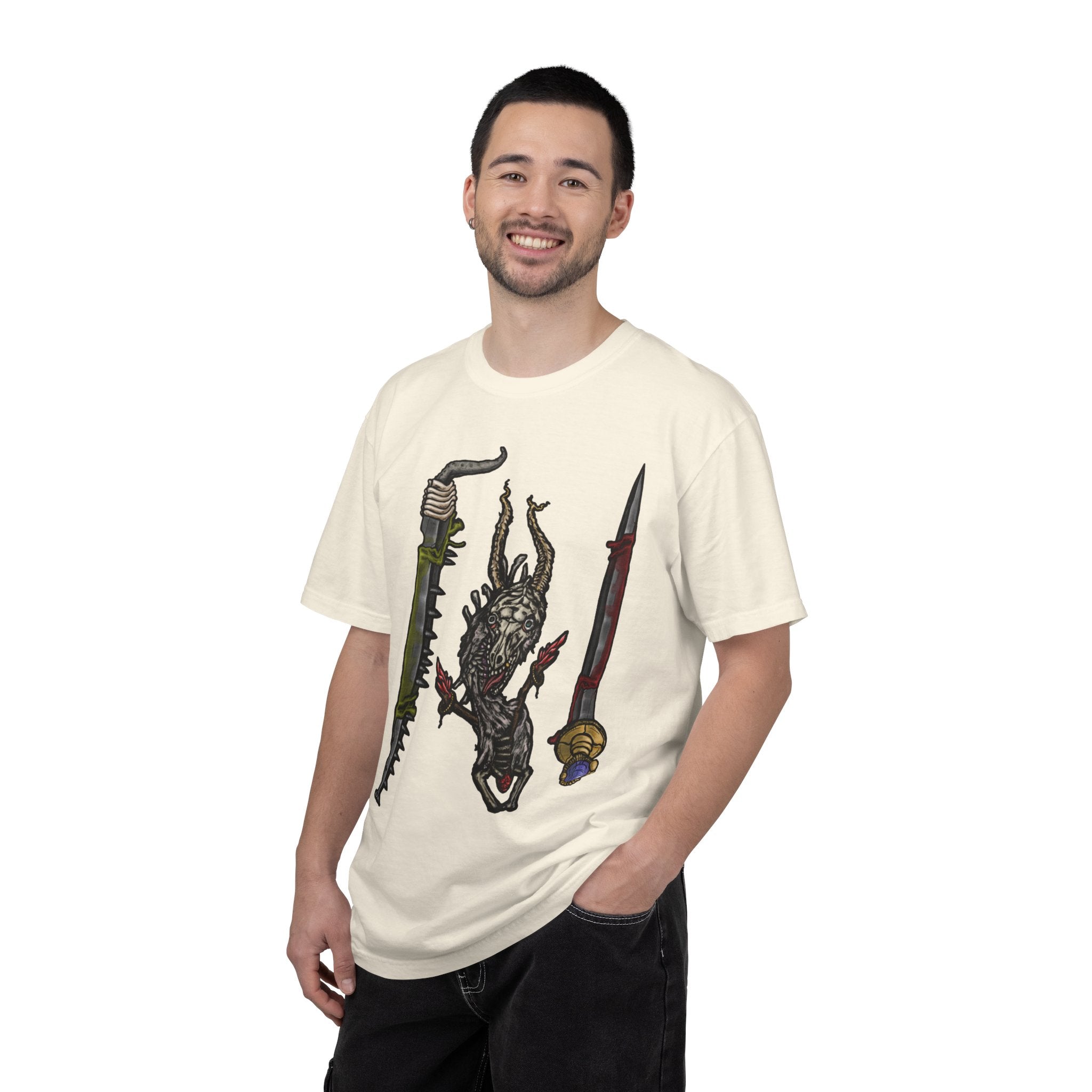 Hand-drawn Item Selection #2 t-shirt from Freaky Features showing a reptilian monster holding a chainsaw sword, bloody dagger and twisted staff on cream tee

