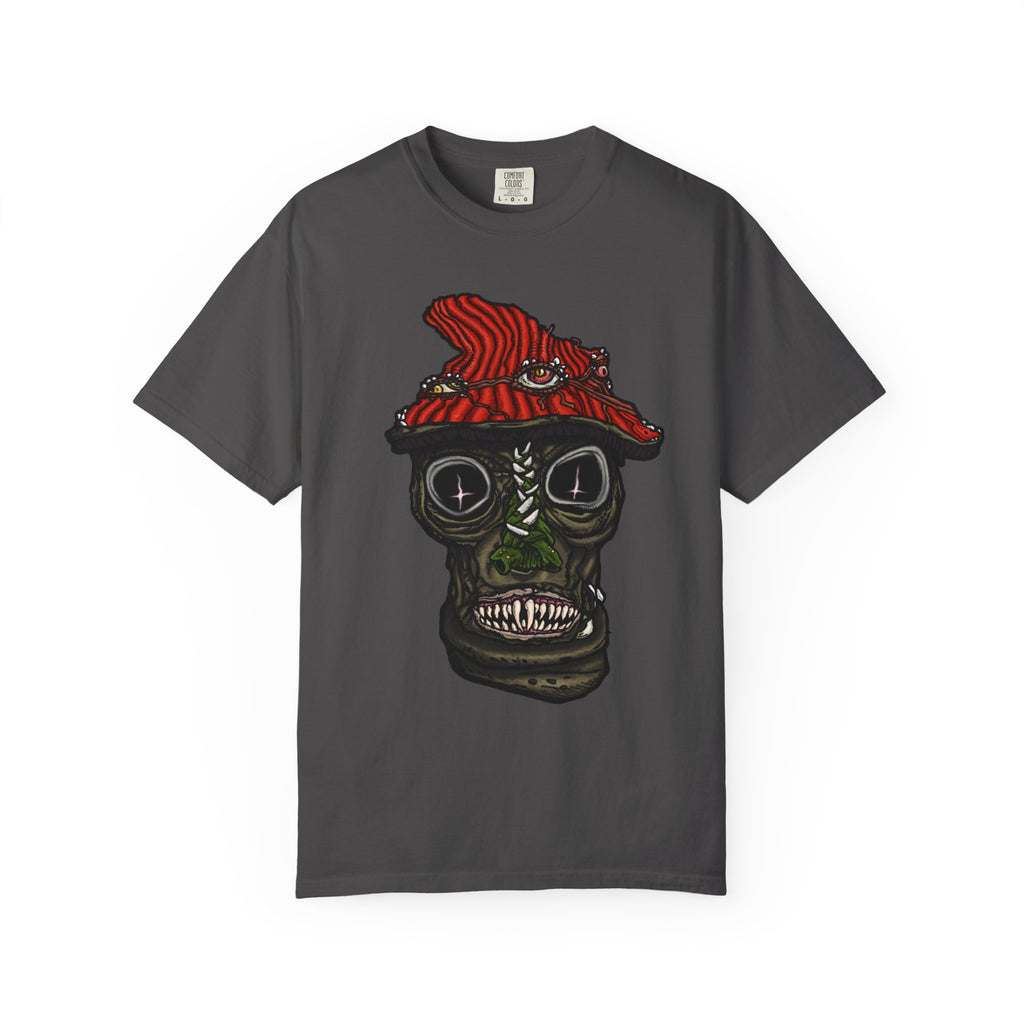 Freaky Features Mushroom Boy t-shirt, front shows grotesque mushroom skull with red cap and multiple eyes, back shows open pizza box with rainbow sprinkle donut
