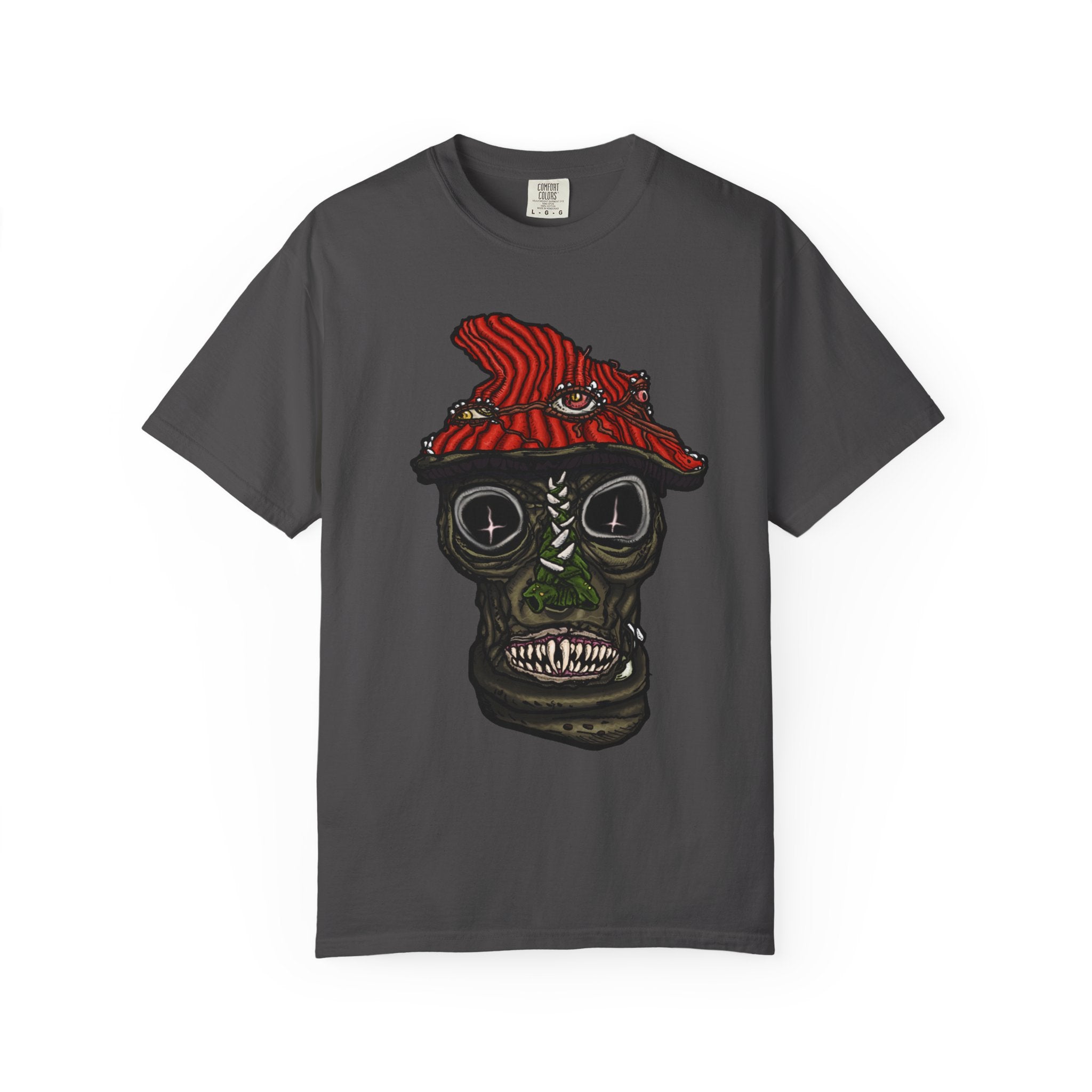 Freaky Features Mushroom Boy t-shirt, front shows grotesque mushroom skull with red cap and multiple eyes, back shows open pizza box with rainbow sprinkle donut
