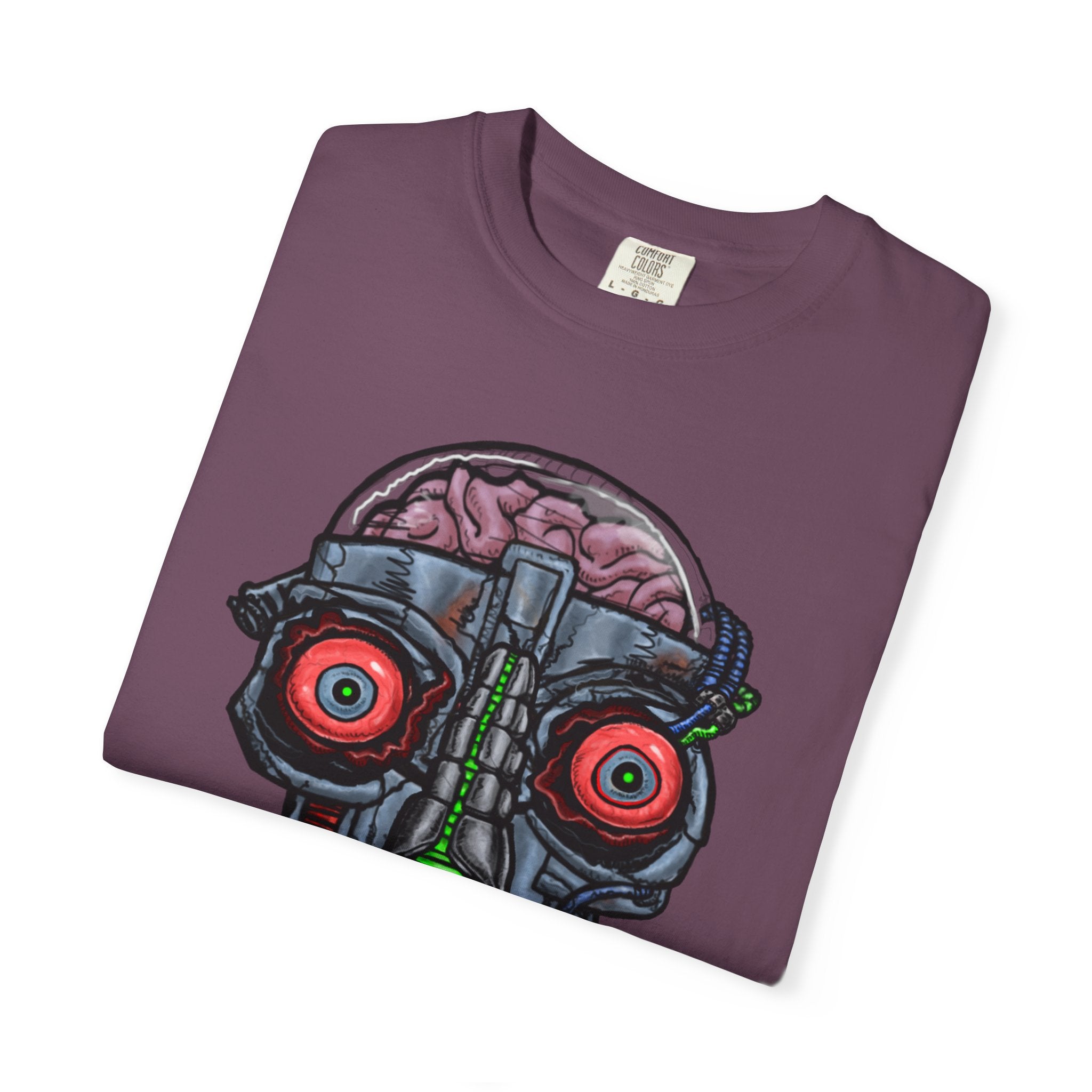 Freaky Features Robo Bobo t-shirt, front shows cybernetic robot skull with exposed brain and glowing eyes, back shows open pizza box with 8-bit pixel pepperoni pizza

