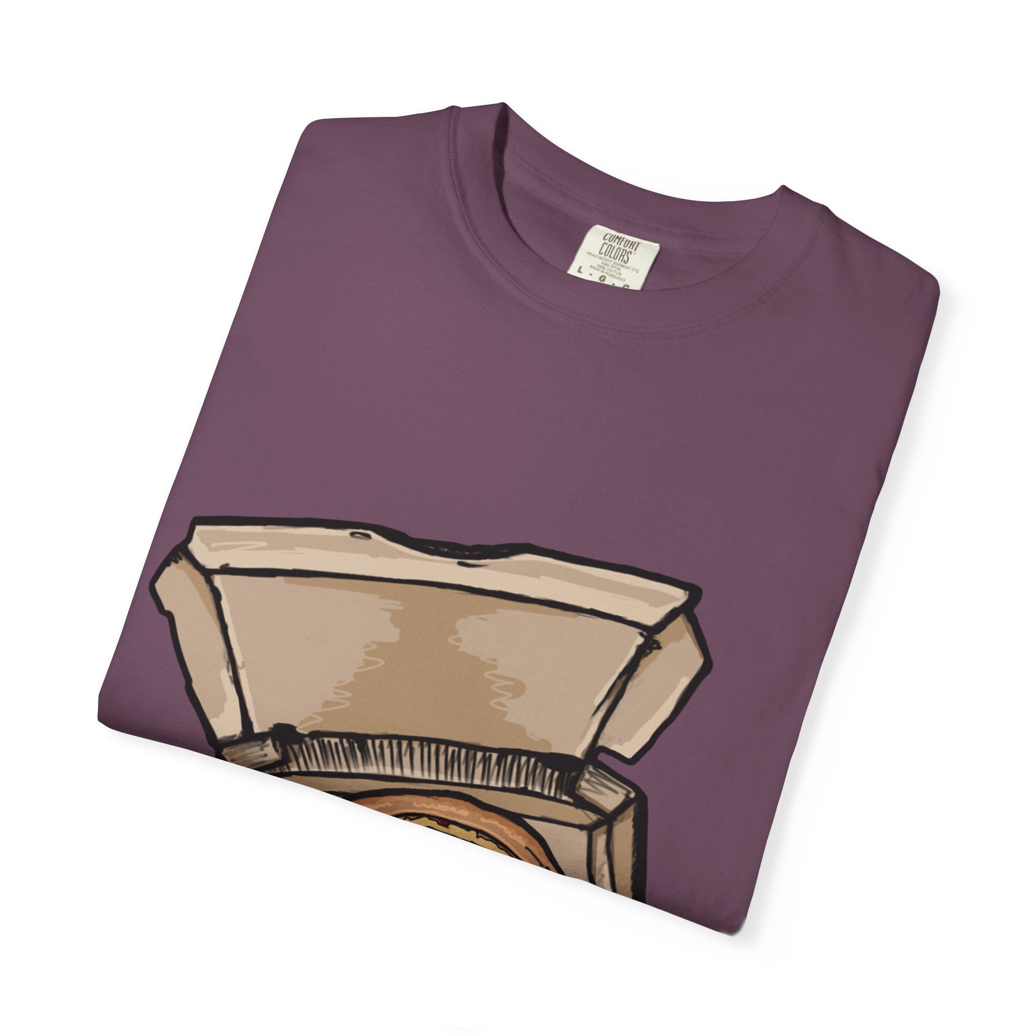 Hand-drawn noodle pizza box t-shirt showing open pizza box with pizza topped with crispy noodles from PizzaBytes collection


