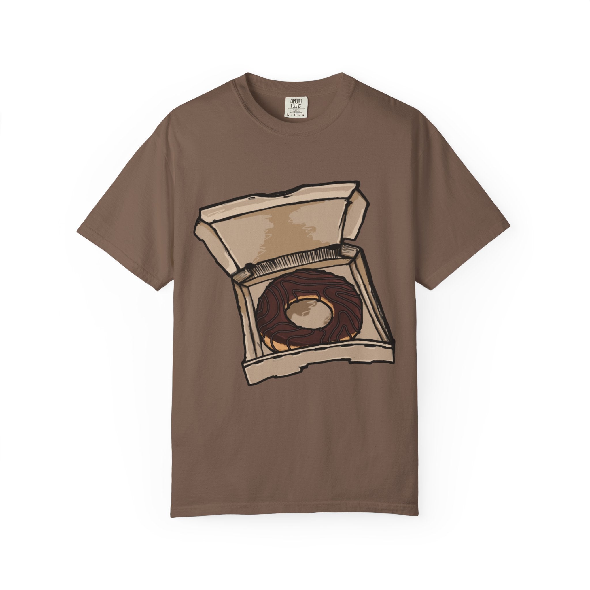 Hand-drawn donut pizza box t-shirt showing open pizza box with chocolate glazed donut from PizzaBytes collection

