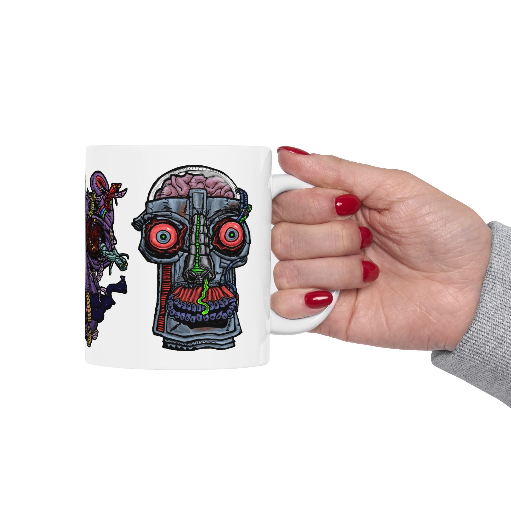 Freaky Features Gremlin Alien Robot mug showing three monster designs: wild-haired gremlin, purple alien swarm, and cybernetic robot skull with exposed brain on white ceramic mug

