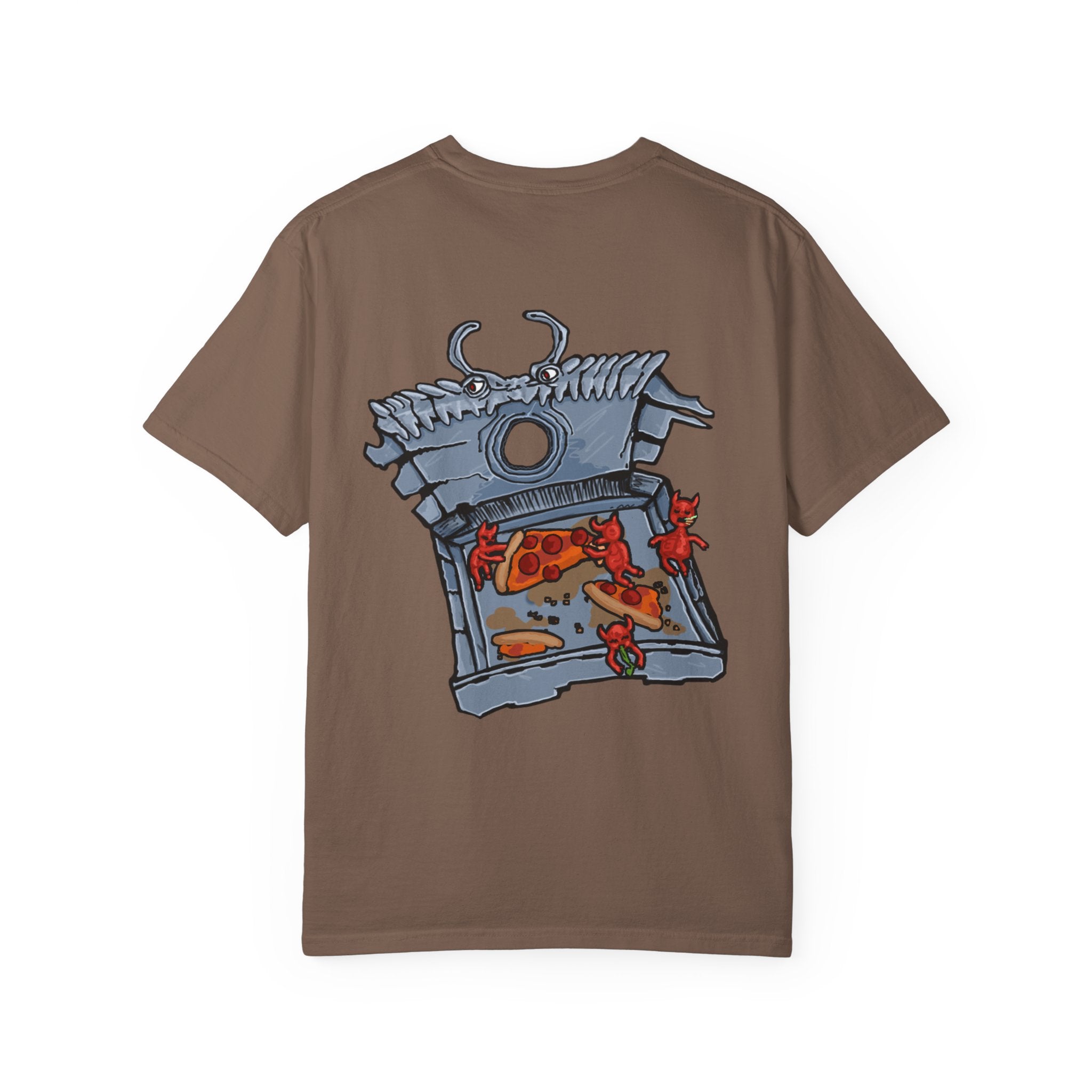 Freaky Features Fire Imp t-shirt, front shows a red bat-winged fire imp, back shows a monster-headed pizza box being raided by little red devils 
