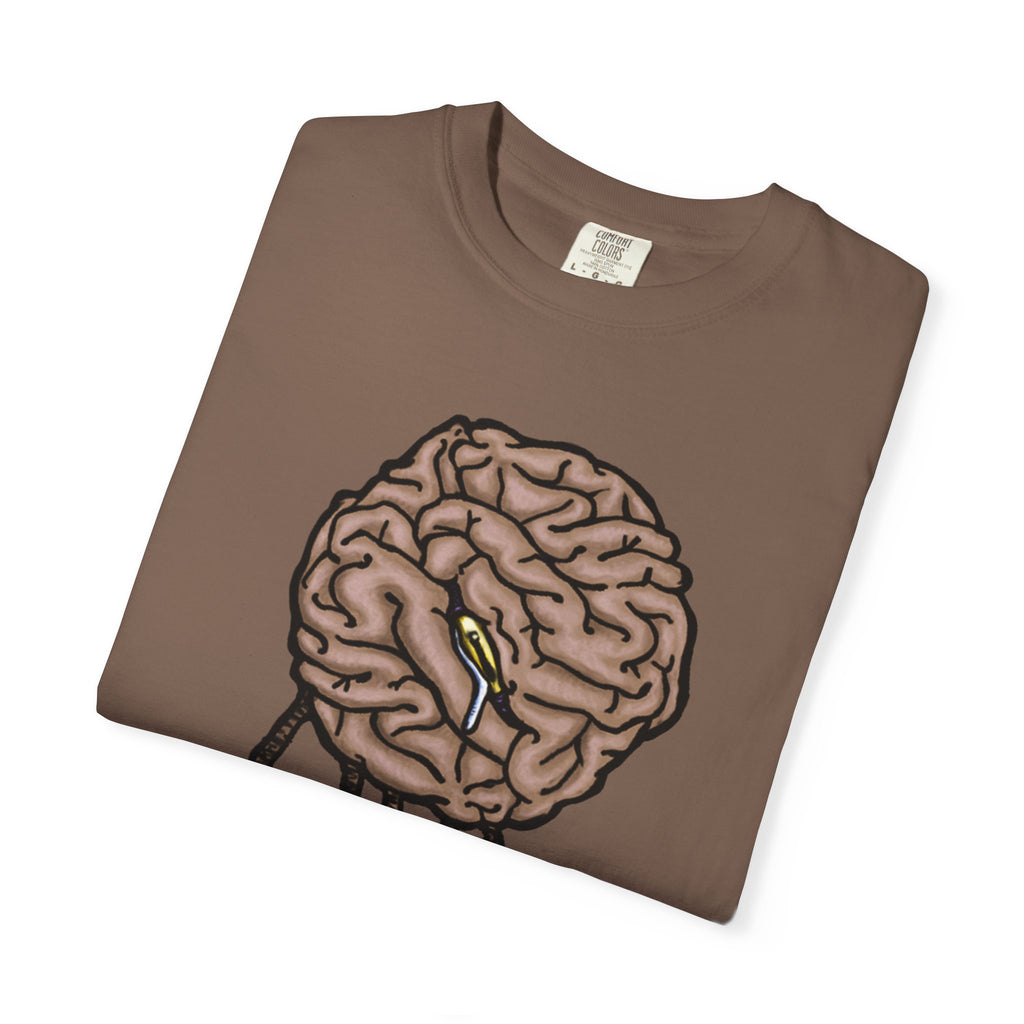 Freaky Features Sad Brian t-shirt, front shows a sad dripping brain monster with tentacles, back shows an open pizza box with half-eaten cake dripping
