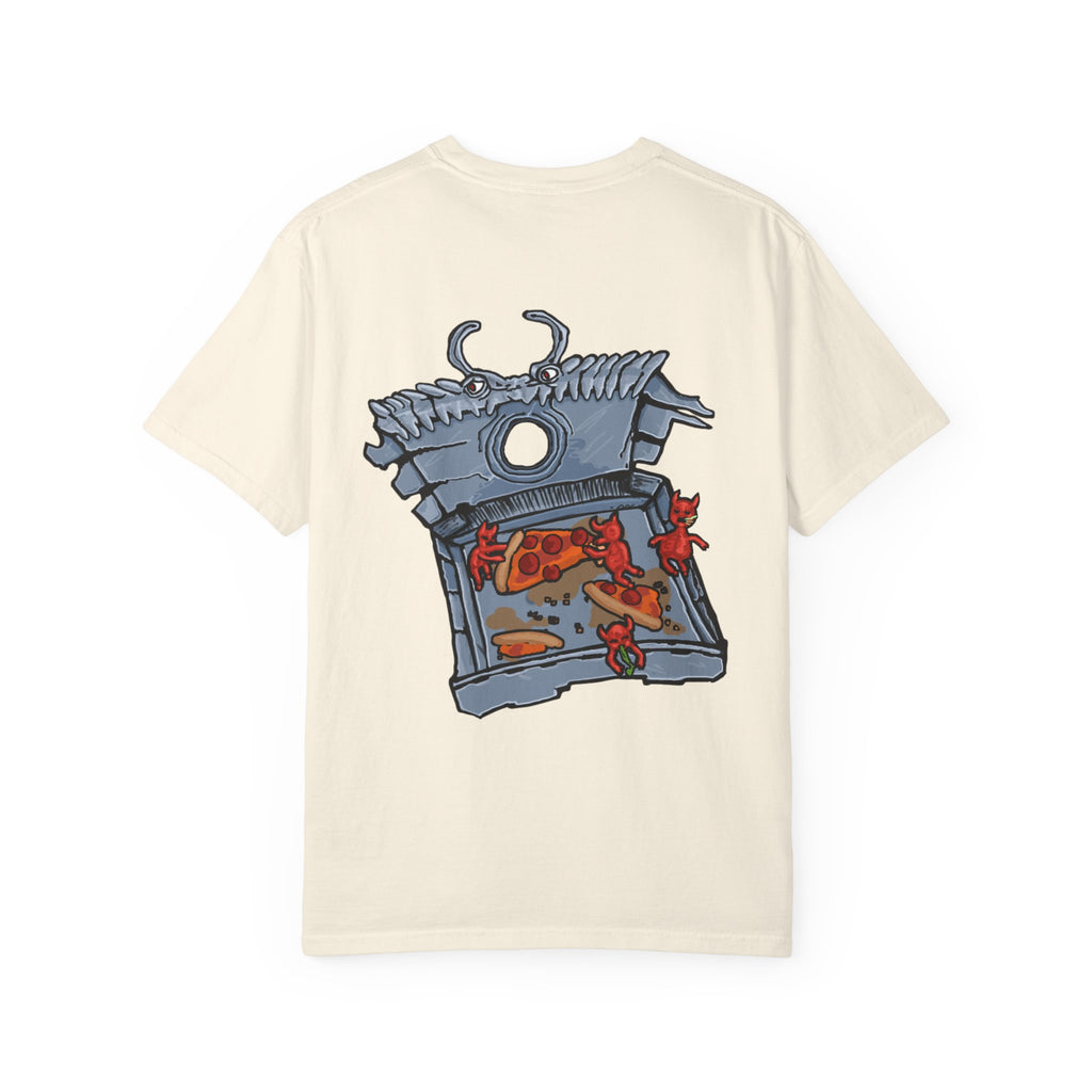 Freaky Features Fire Imp t-shirt, front shows a red bat-winged fire imp, back shows a monster-headed pizza box being raided by little red devils 
