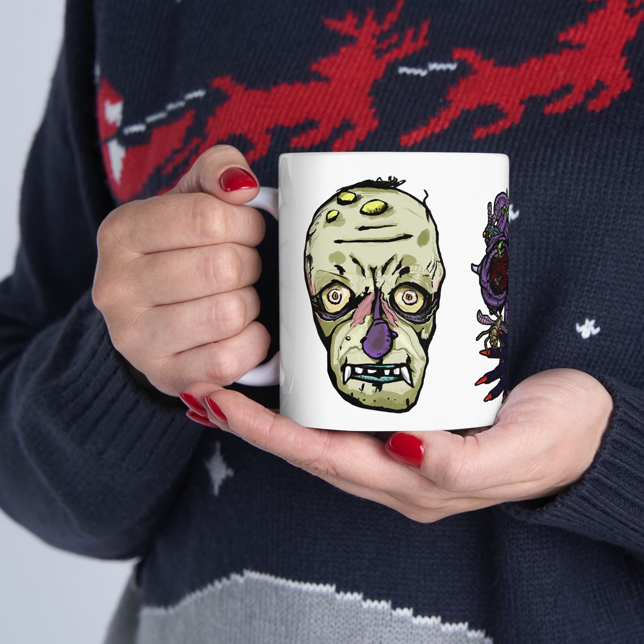 Freaky Features Gremlin Alien Robot mug showing three monster designs: wild-haired gremlin, purple alien swarm, and cybernetic robot skull with exposed brain on white ceramic mug
