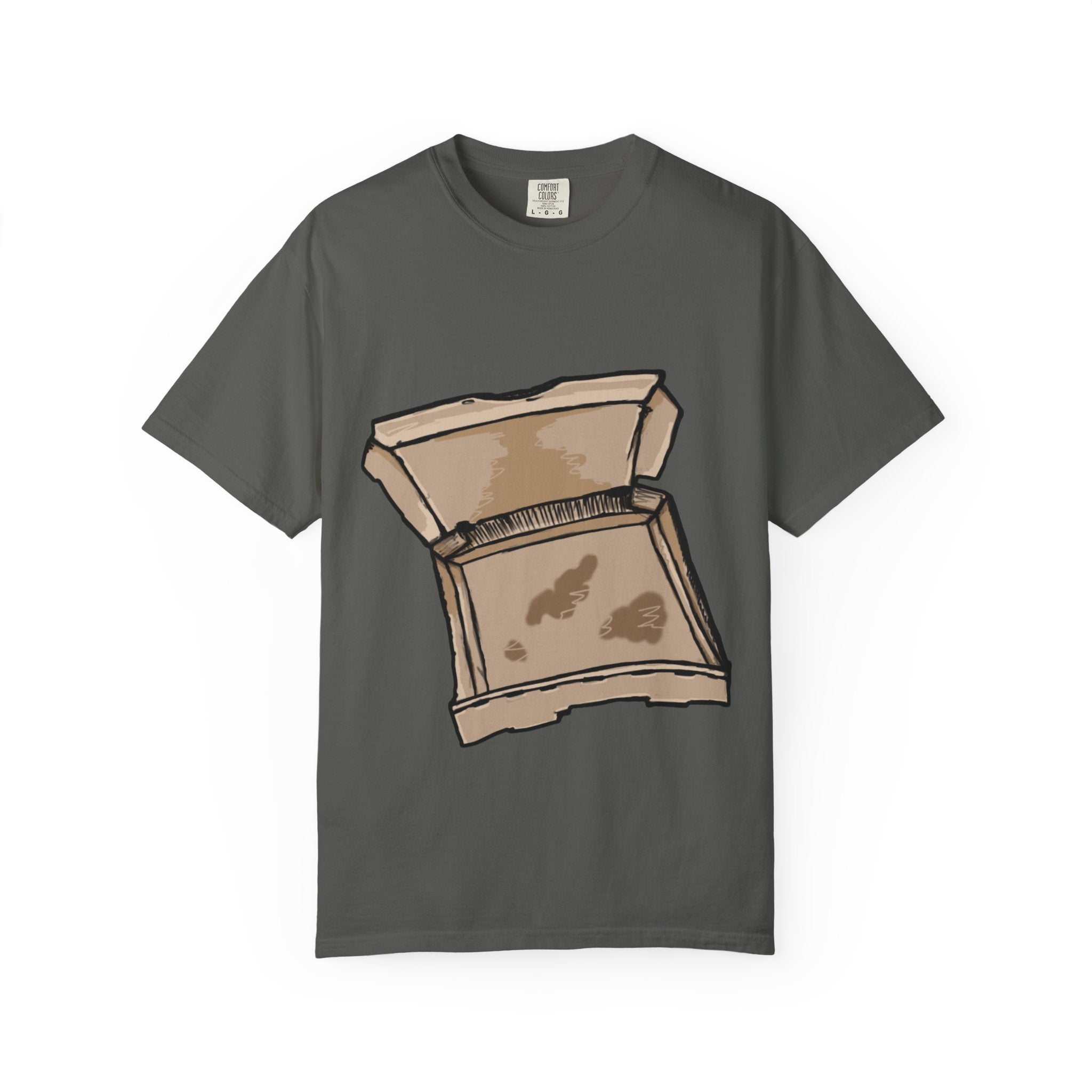 Hand-drawn empty pizza box t-shirt showing open box with grease stains on Comfort tee from PizzaBytes collection
