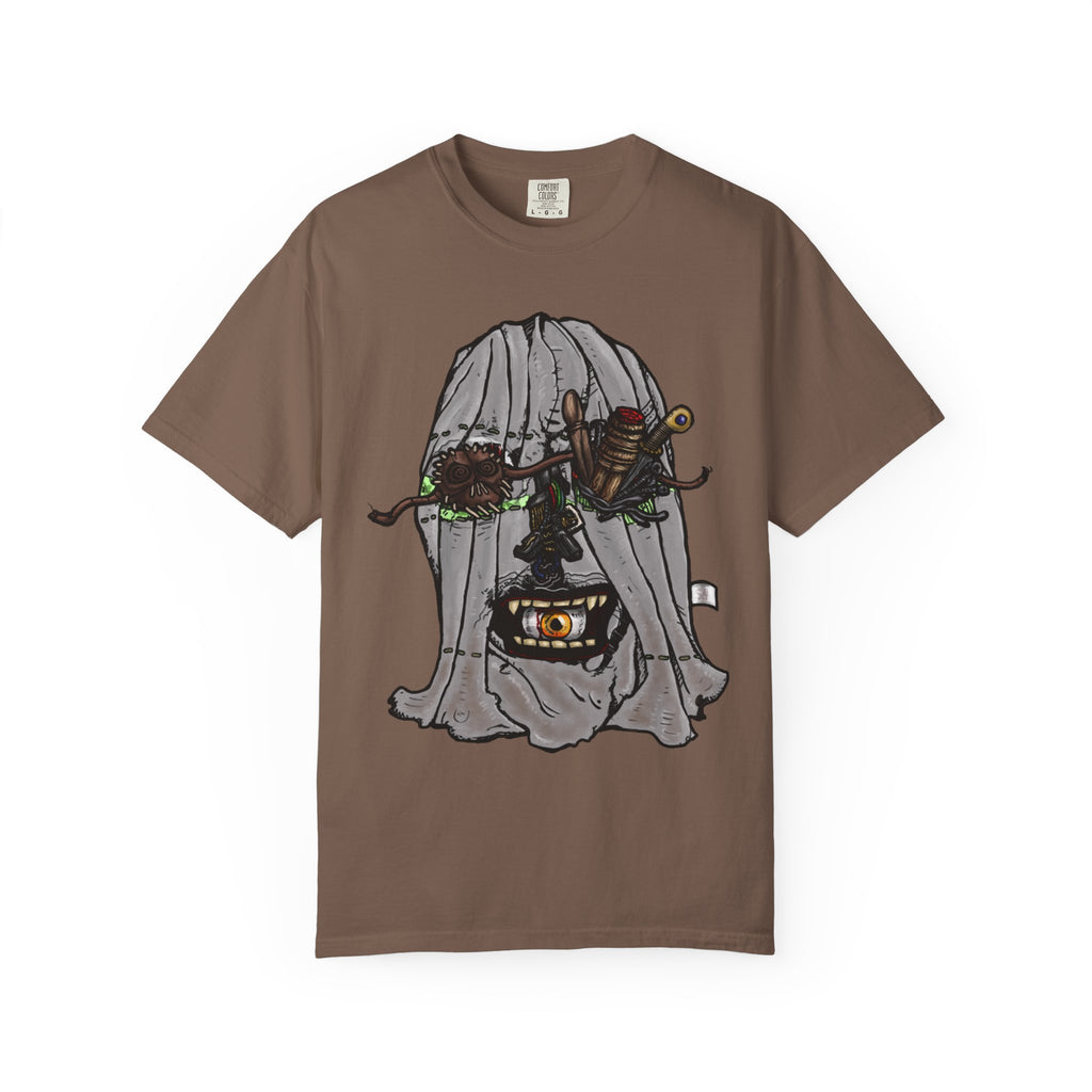 Freaky Features Ghost t-shirt, front shows creepy ghost hood with weapons and screaming eye mouth, back shows open pizza box with floating ghost face
