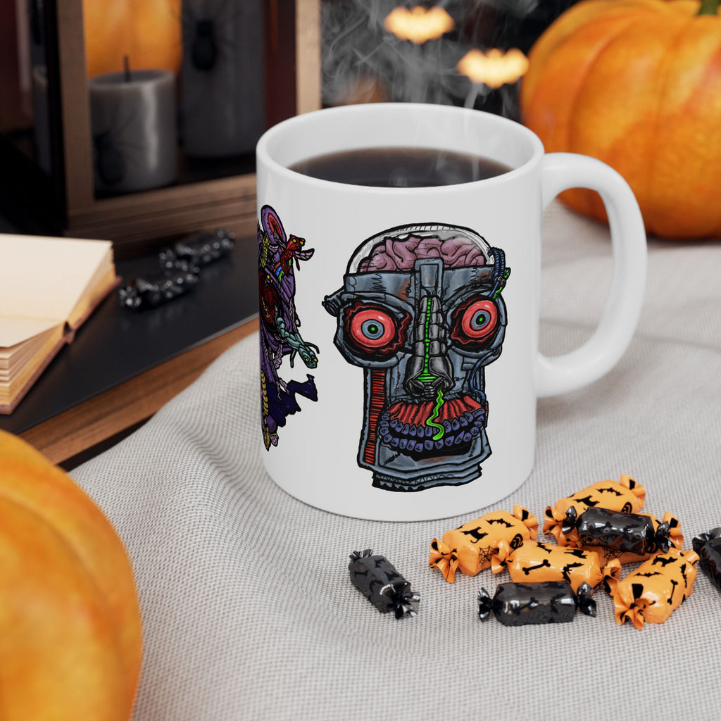 Freaky Features Gremlin Alien Robot mug showing three monster designs: wild-haired gremlin, purple alien swarm, and cybernetic robot skull with exposed brain on white ceramic mug
