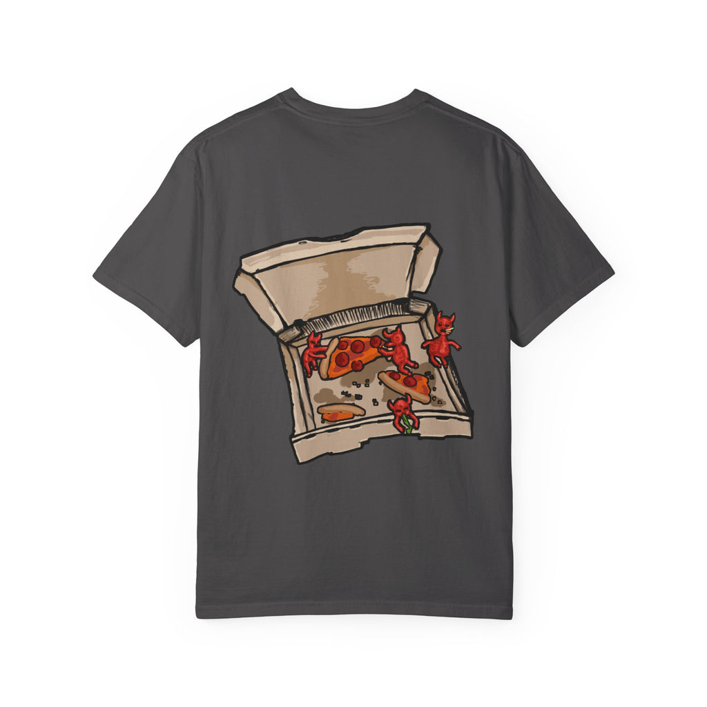 Freaky Features Demon t-shirt, front shows red demon head with horns and glowing eyes, back shows open pizza box being raided by little red devils
