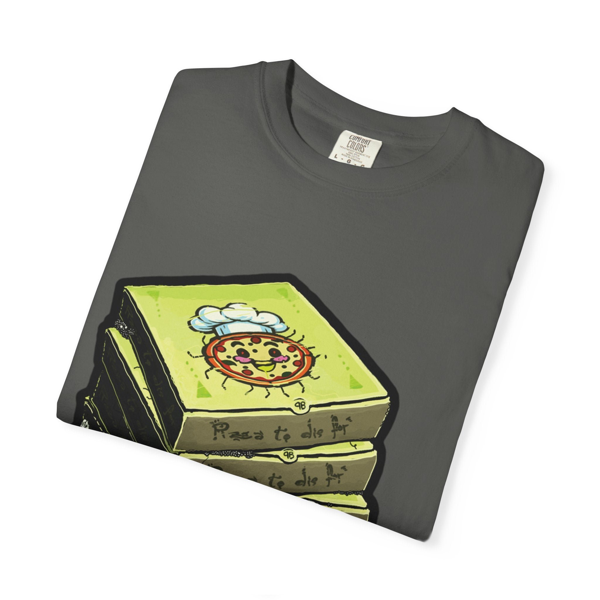 Hand-drawn toxic pizza stack t-shirt with glowing green pizza character and slimy tentacle on tee from PizzaBytes collection
