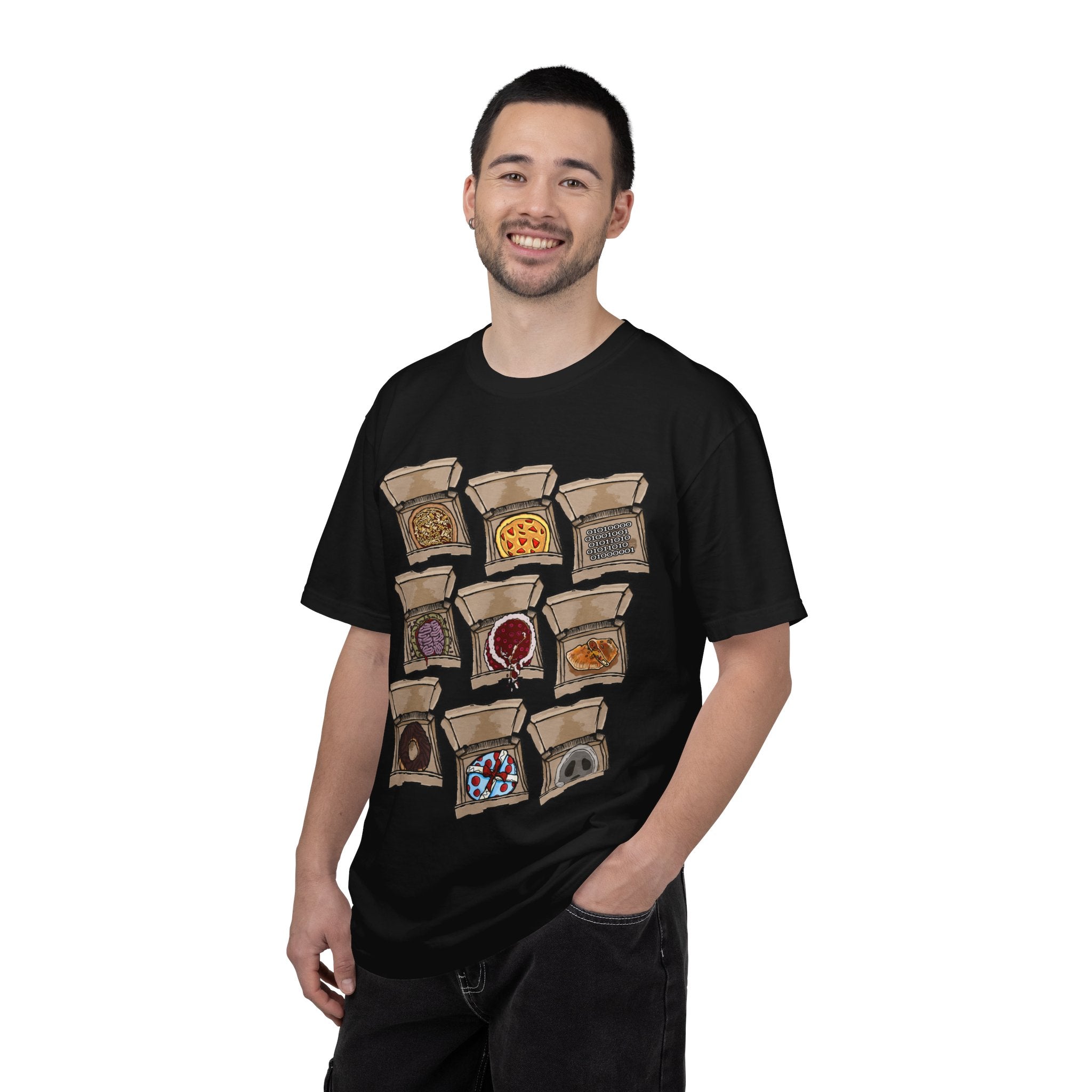 Hand-drawn PizzaBytes Set #1 t-shirt showing a 3x3 grid of open pizza boxes with brain pizza, ghost pizza, donut, binary code and more weird designs from PizzaBytes collection

