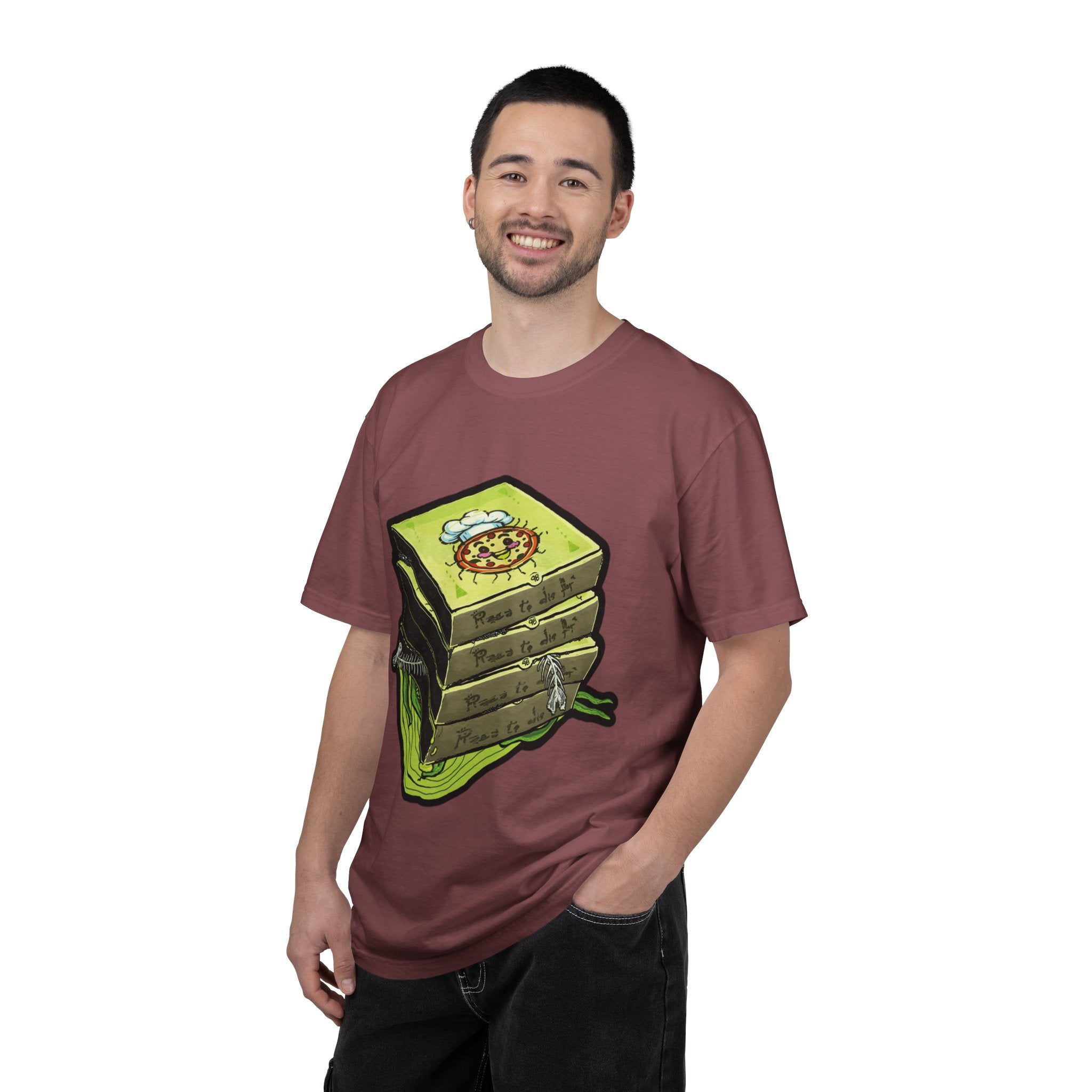 Hand-drawn toxic pizza stack t-shirt with glowing green pizza character and slimy tentacle on tee from PizzaBytes collection