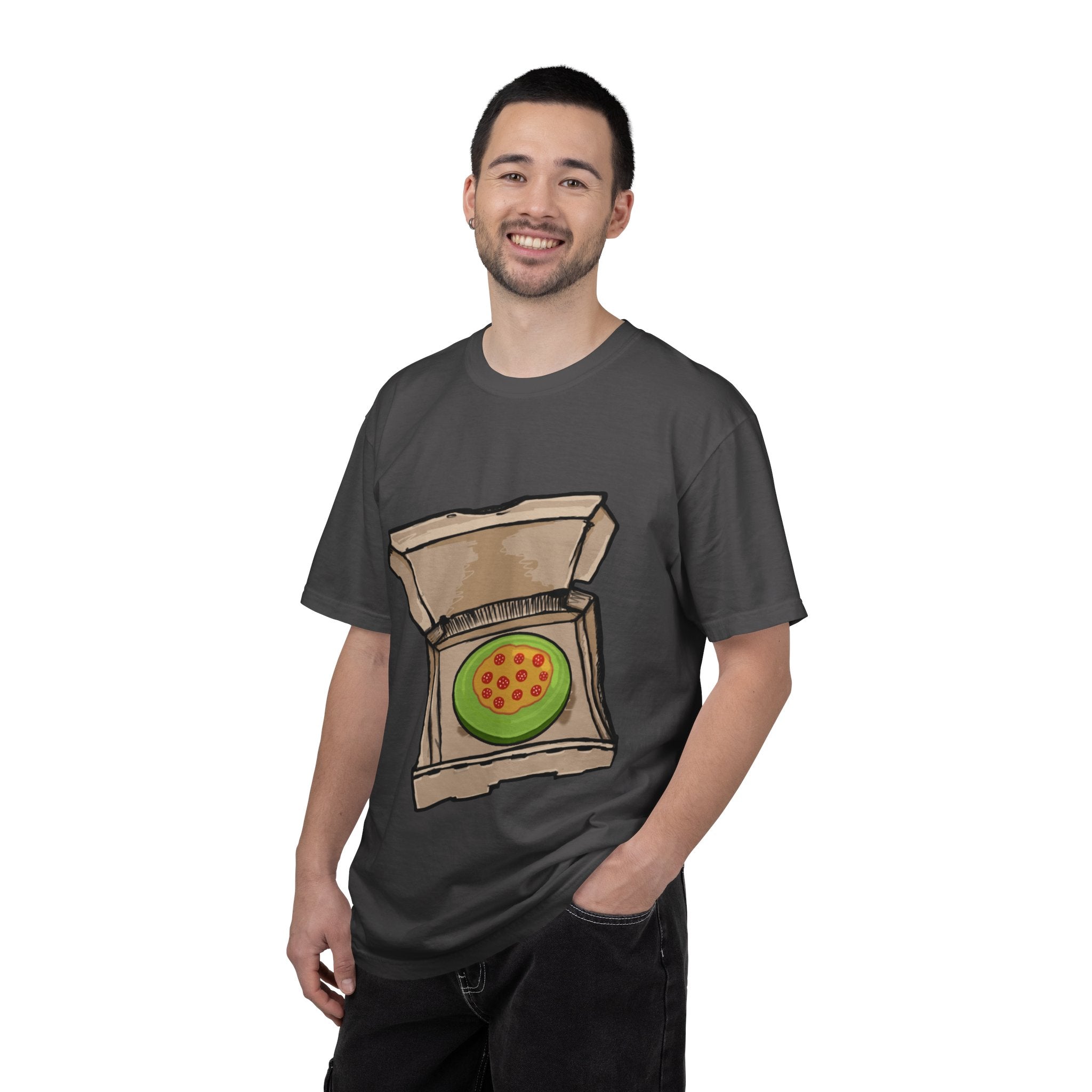 Hand-drawn frisbee pizza box t-shirt showing open pizza box with green frisbee pepperoni pizza from PizzaBytes collection

