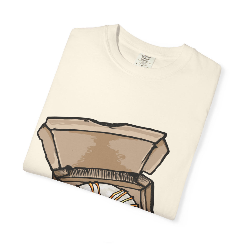 Hand-drawn donut pizza box t-shirt showing open pizza box with white-iced donut and orange drizzle from PizzaBytes collection

