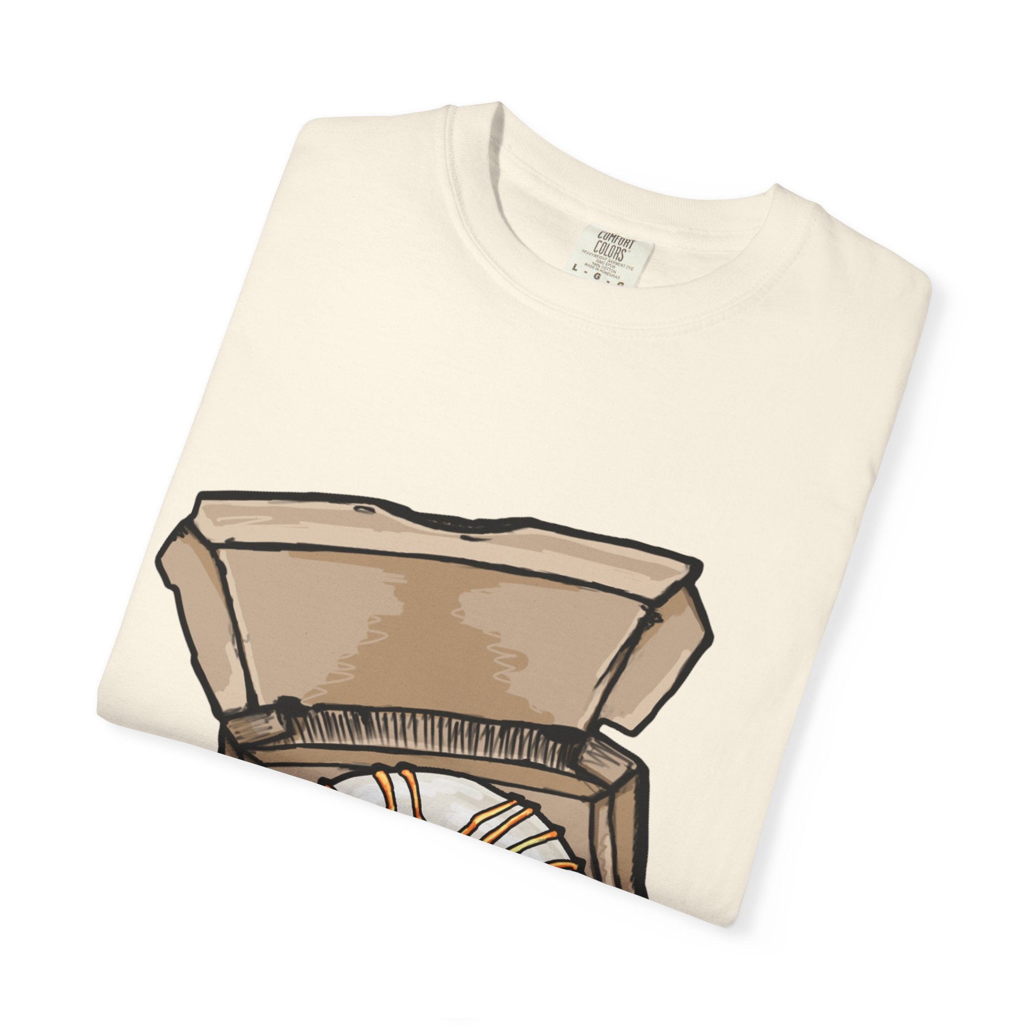 Hand-drawn donut pizza box t-shirt showing open pizza box with white-iced donut and orange drizzle from PizzaBytes collection

