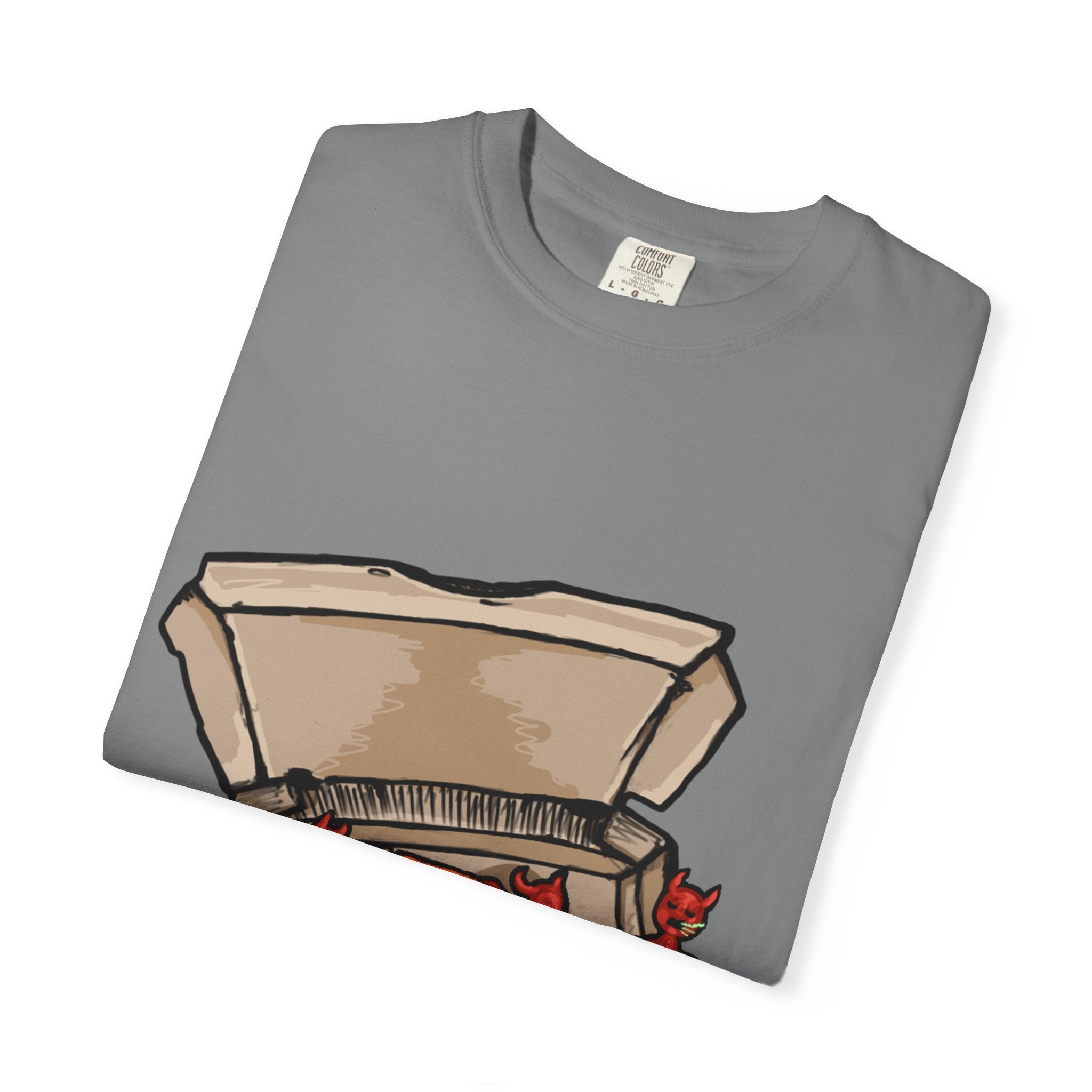 Hand-drawn little devils pizza box t-shirt showing open pizza box with cute red devils eating and stealing pepperoni pizza slices from PizzaBytes collection

