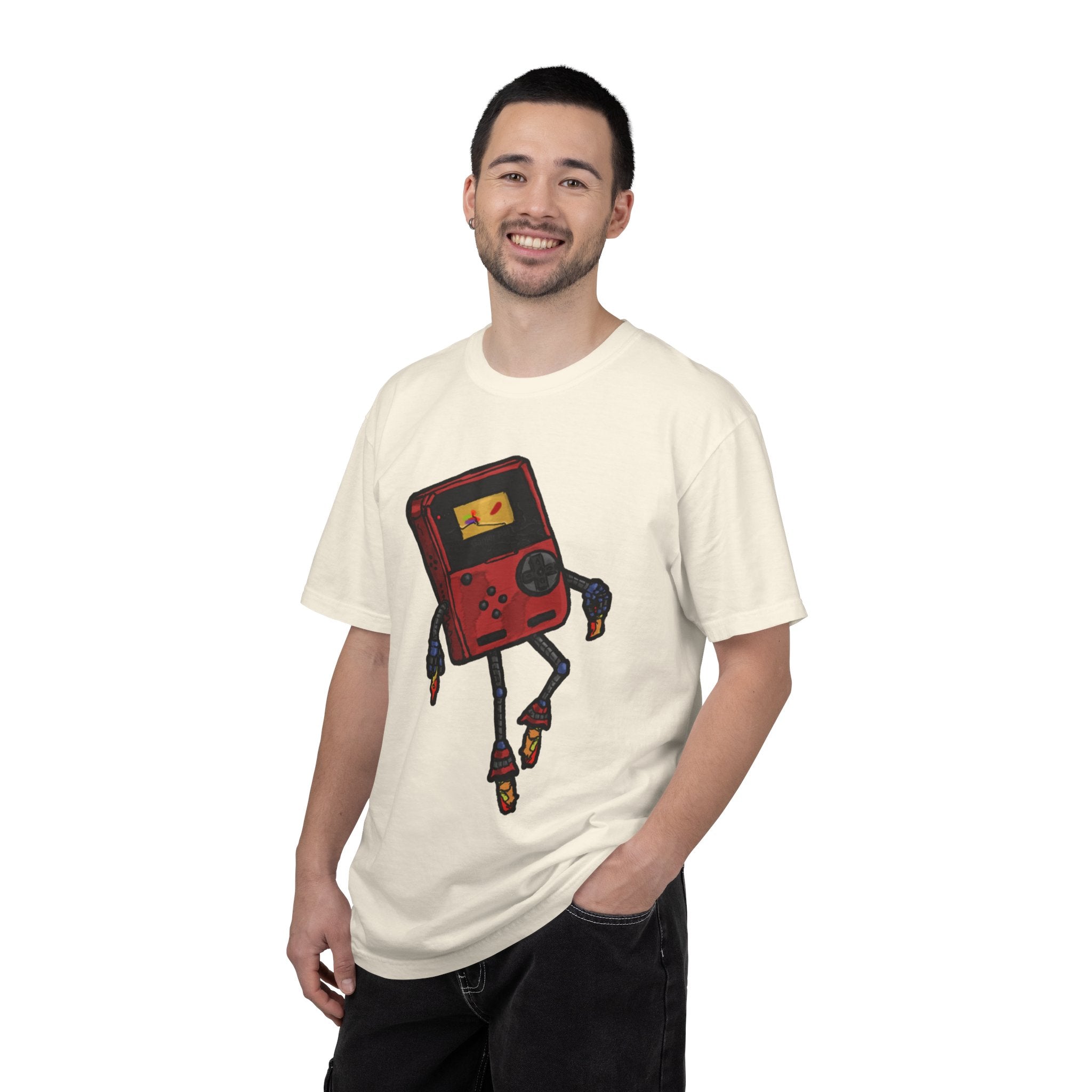 GamerPal t-shirt from Freaky Features showing a red Game Console turned into a walking pizza monster with mechanical limbs on dark gray tee

