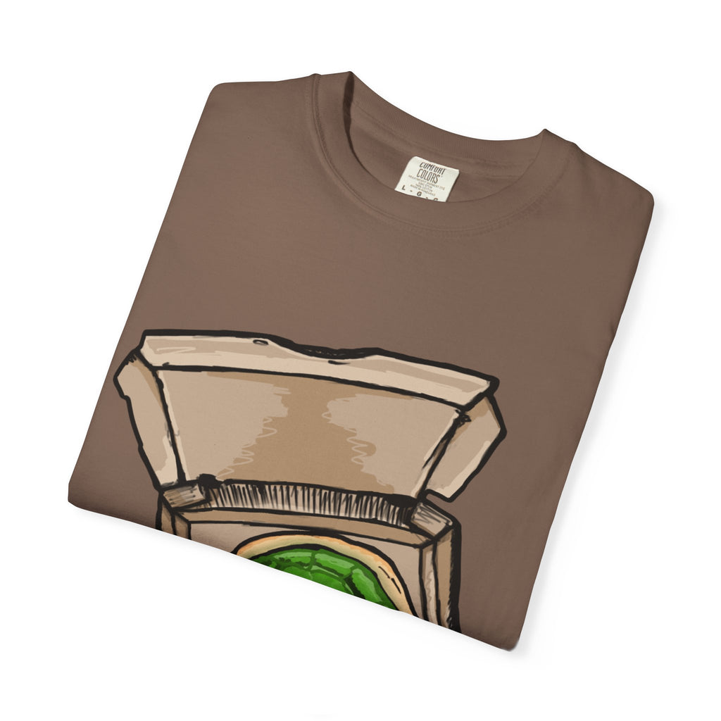 Hand-drawn jelly pizza box t-shirt showing open pizza box with green wobbly jelly pizza from PizzaBytes collection

