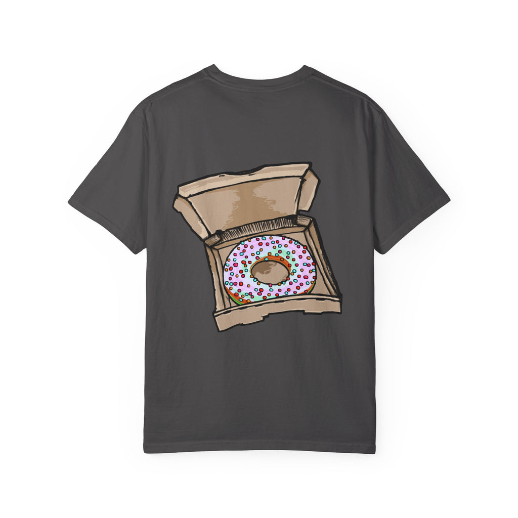 Freaky Features Mushroom Boy t-shirt, front shows grotesque mushroom skull with red cap and multiple eyes, back shows open pizza box with rainbow sprinkle donut
