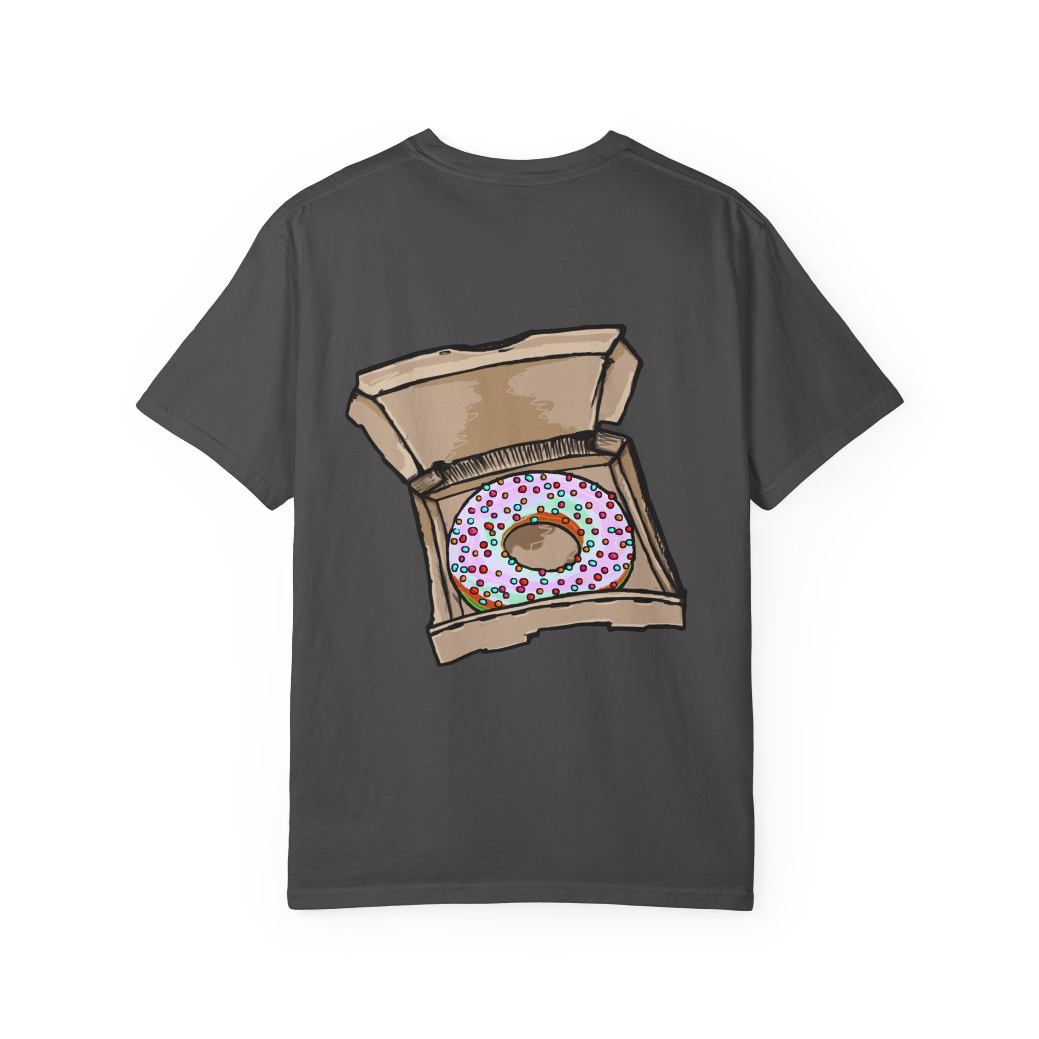 Freaky Features Mushroom Boy t-shirt, front shows grotesque mushroom skull with red cap and multiple eyes, back shows open pizza box with rainbow sprinkle donut
