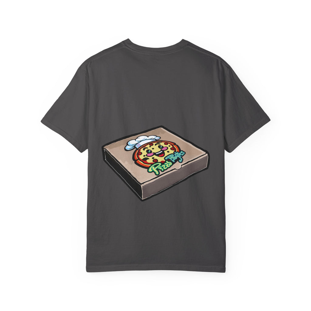 Hand-drawn cherry pie pizza box t-shirt showing open pizza box with lattice-top cherry pie from PizzaBytes collection

