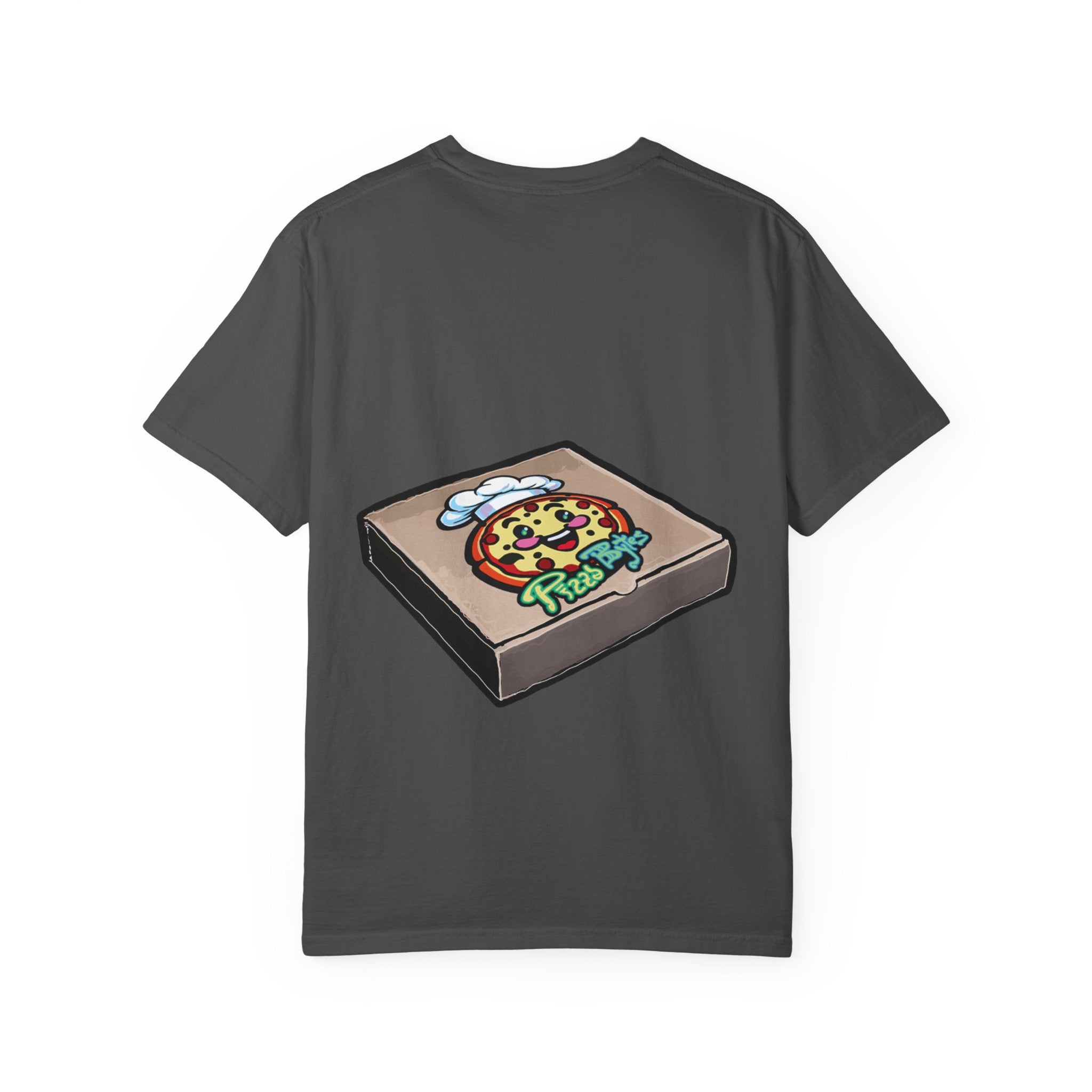 Hand-drawn cherry pie pizza box t-shirt showing open pizza box with lattice-top cherry pie from PizzaBytes collection

