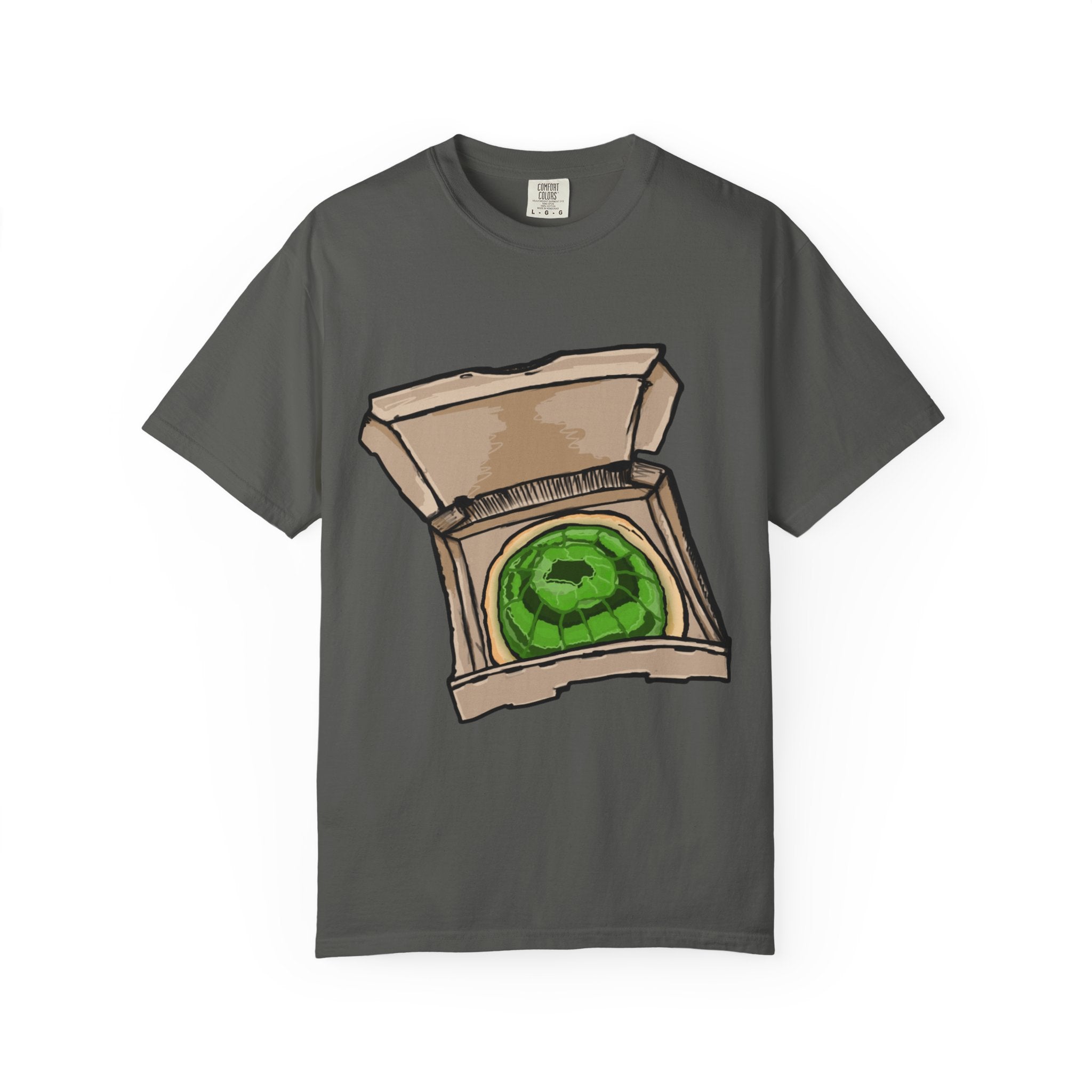 Hand-drawn jelly pizza box t-shirt showing open pizza box with green wobbly jelly pizza from PizzaBytes collection

