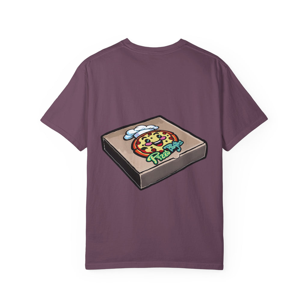 Hand-drawn pepperoni green pepper mushroom pizza box t-shirt showing open pizza box with pepperoni, green pepper and mushroom pizza from PizzaBytes collection

