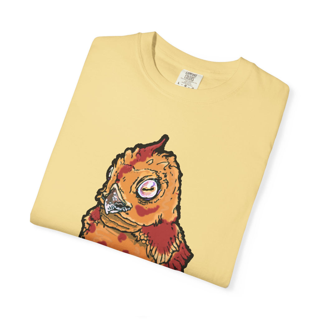 Hand-drawn spotted pizza owl monster t-shirt with melted cheese spots, pepperoni red markings and big multicolored eye tee from PizzaBytes collection