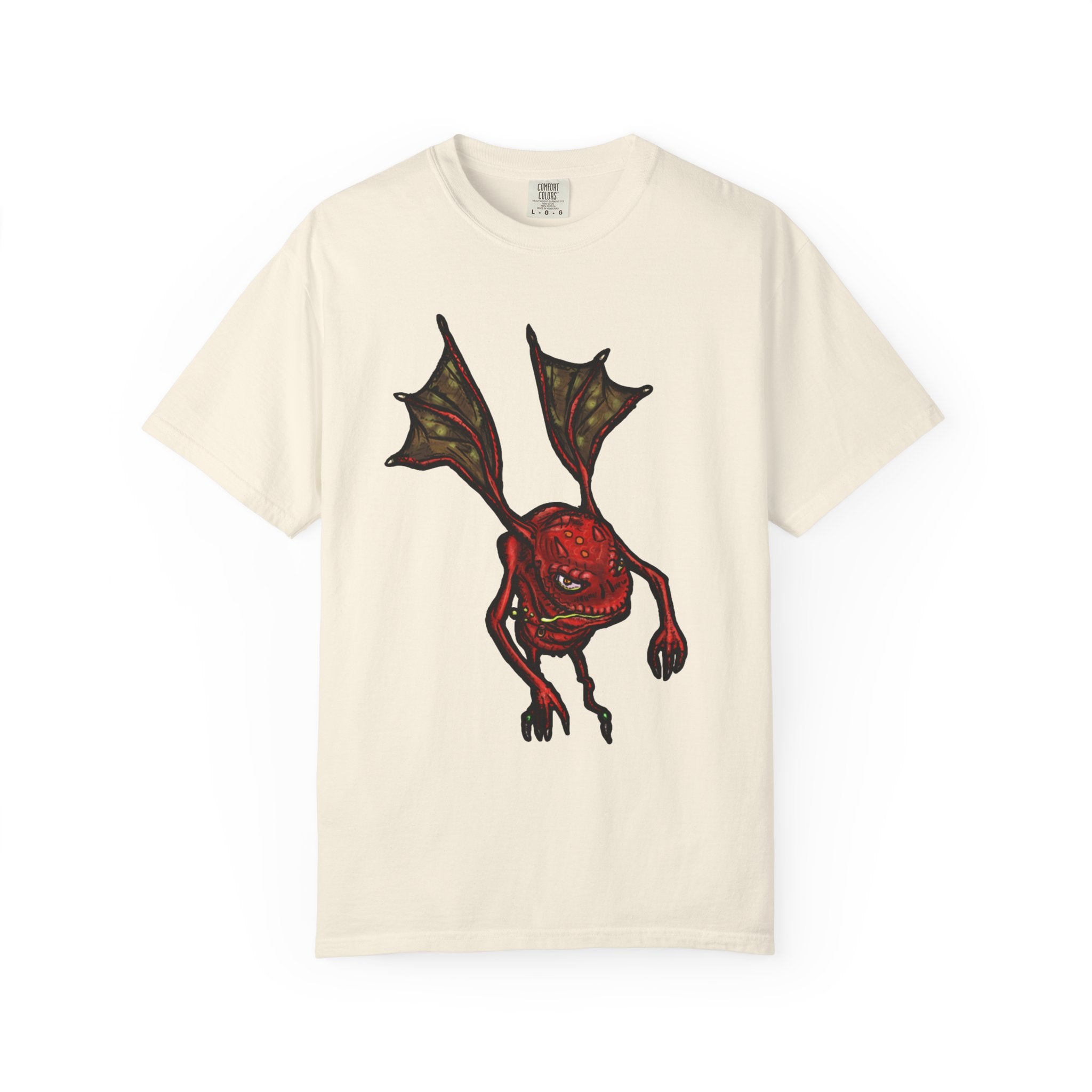 Freaky Features Fire Imp t-shirt, front shows a red bat-winged fire imp, back shows a monster-headed pizza box being raided by little red devils 
