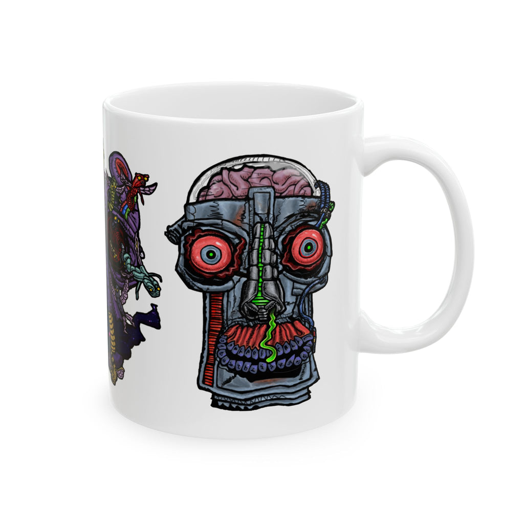 Freaky Features Gremlin Alien Robot mug showing three monster designs: wild-haired gremlin, purple alien swarm, and cybernetic robot skull with exposed brain on white ceramic mug
