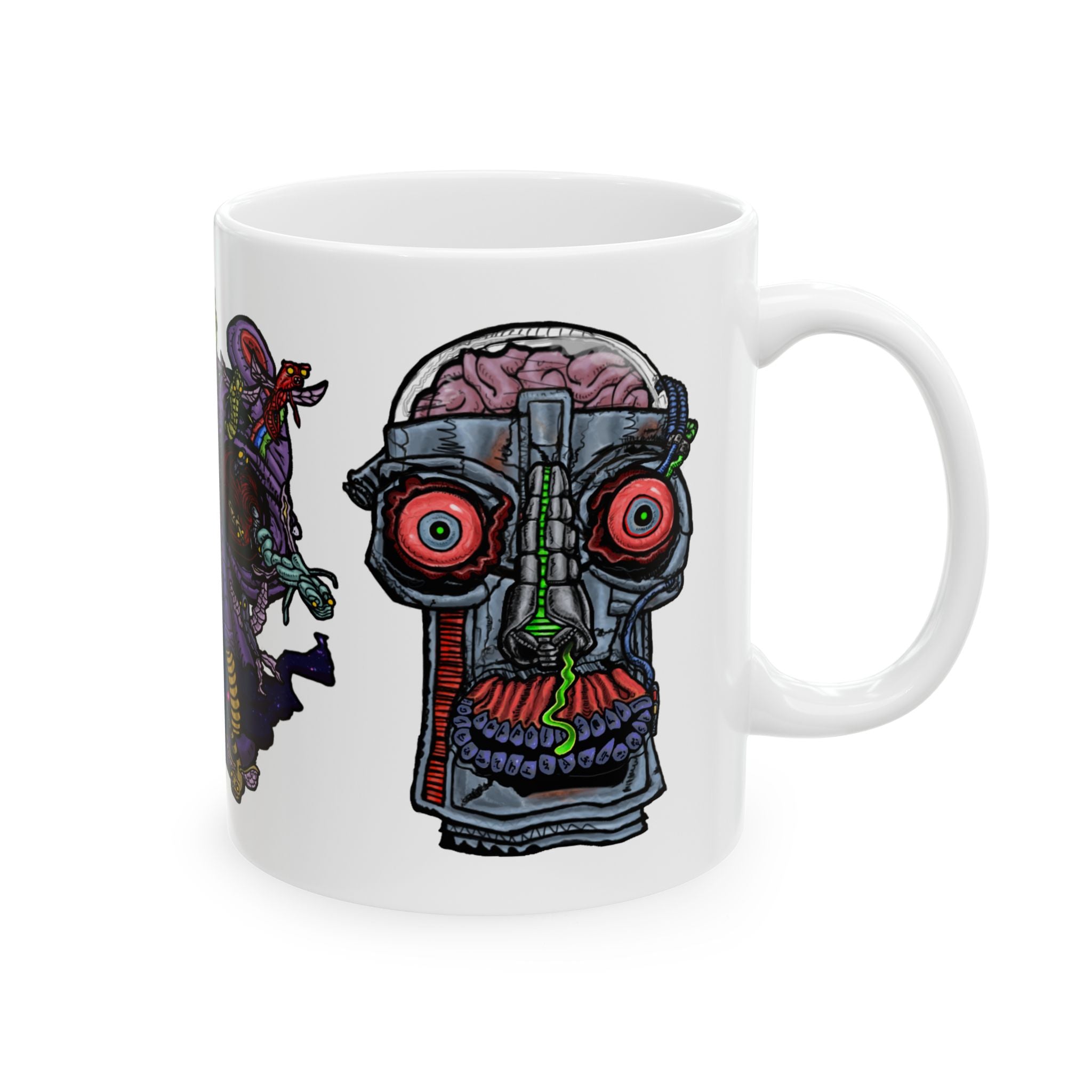 Freaky Features Gremlin Alien Robot mug showing three monster designs: wild-haired gremlin, purple alien swarm, and cybernetic robot skull with exposed brain on white ceramic mug
