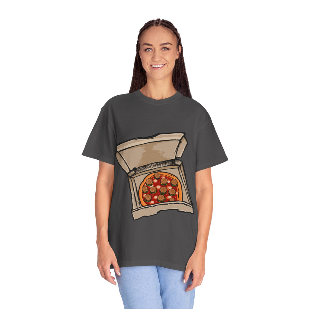 Hand-drawn burger pizza box t-shirt showing open pizza box with pepperoni pizza topped with mini cheeseburgers on Comfort tee from PizzaBytes collection