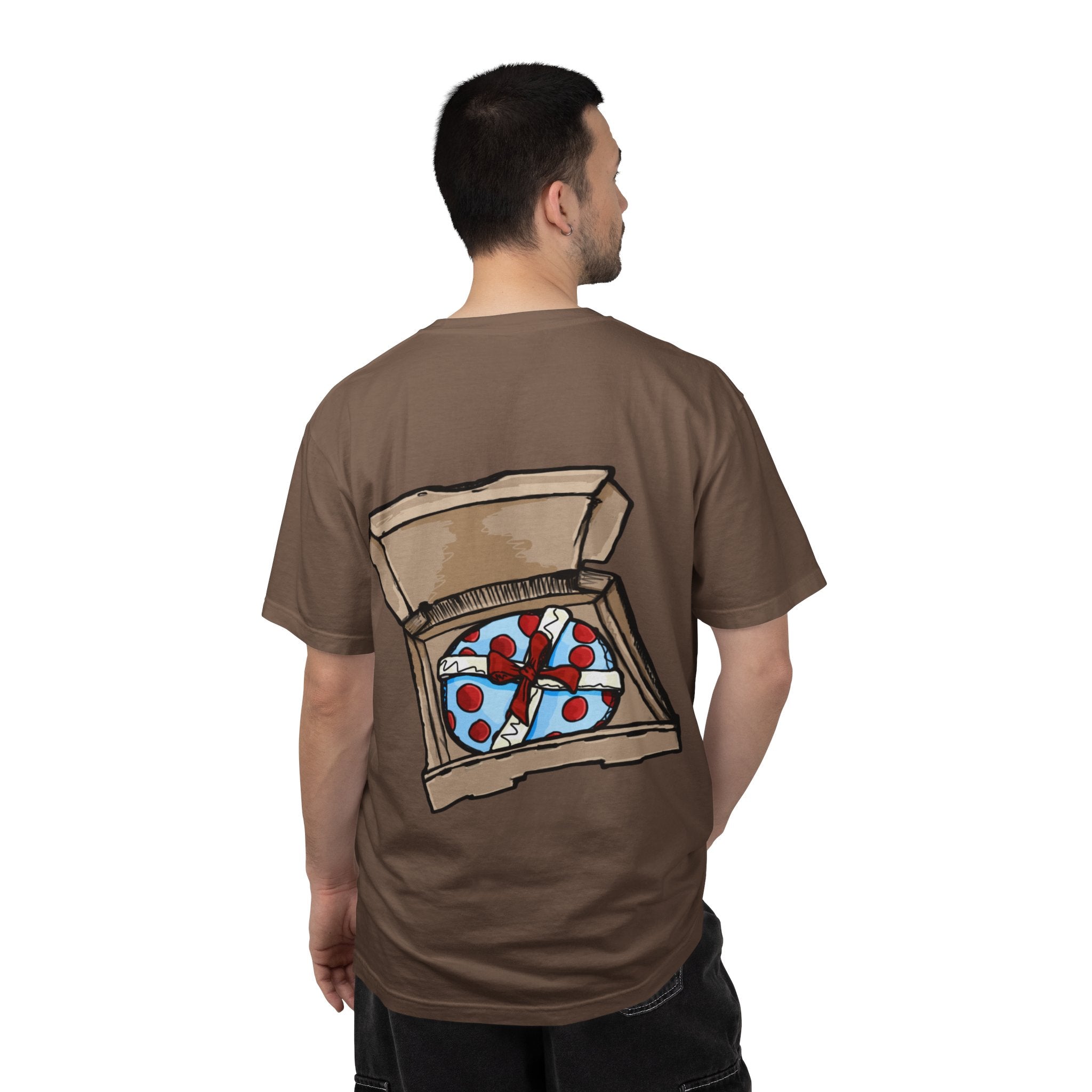 Freaky Features Gremlin t-shirt, front shows grotesque gremlin head with yellow hair and long tongue, back shows open pizza box with wrapped gift inside
