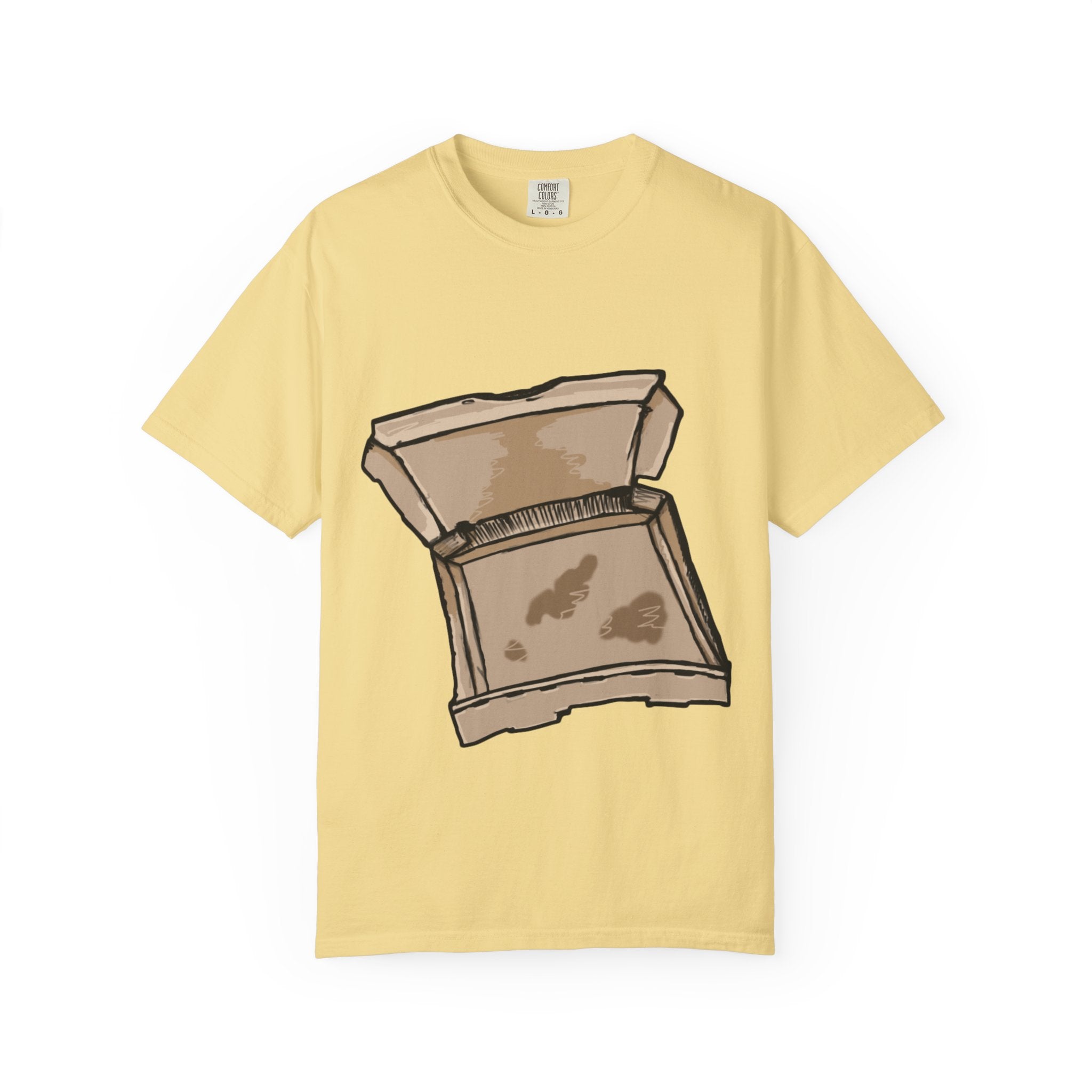 Hand-drawn empty pizza box t-shirt showing open box with grease stains on Comfort tee from PizzaBytes collection
