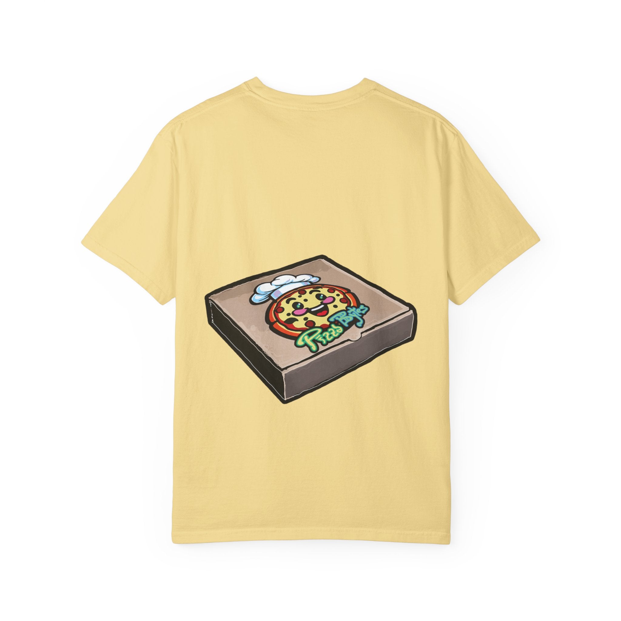 Hand-drawn pixel pizza box t-shirt showing open pizza box with 8-bit pixel art pepperoni pizza from PizzaBytes collection

