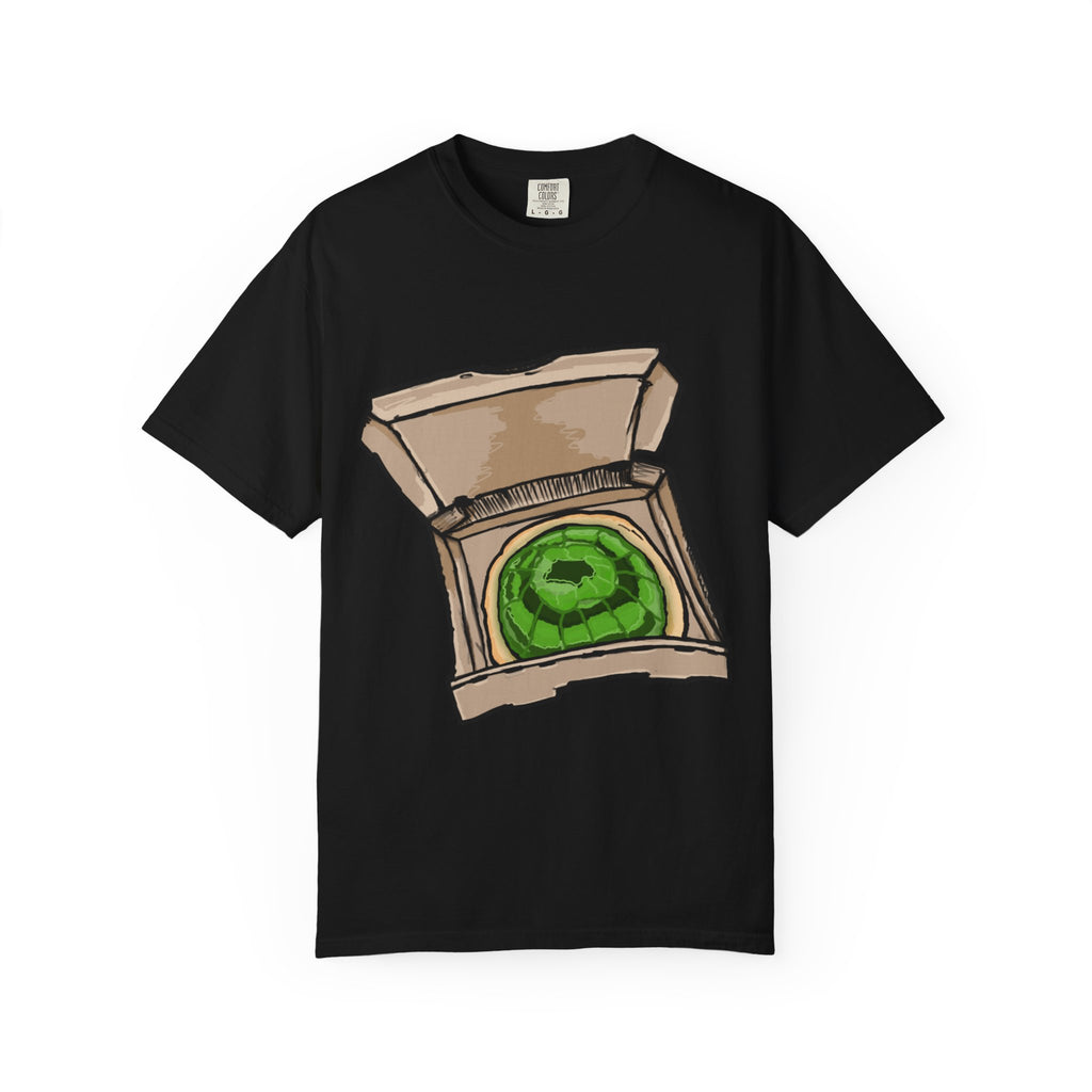 Hand-drawn jelly pizza box t-shirt showing open pizza box with green wobbly jelly pizza from PizzaBytes collection

