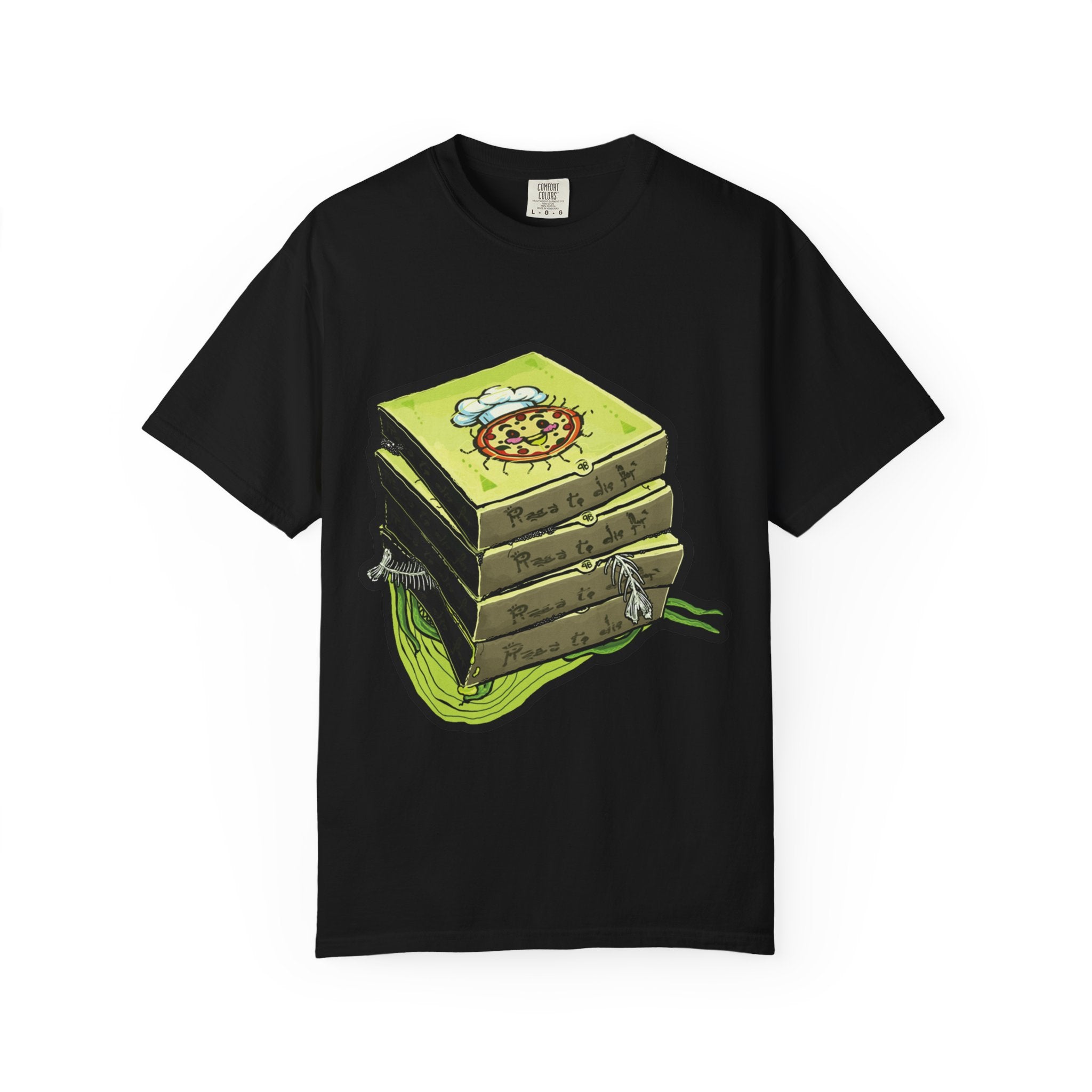 Hand-drawn toxic pizza stack t-shirt with glowing green pizza character and slimy tentacle on tee from PizzaBytes collection
