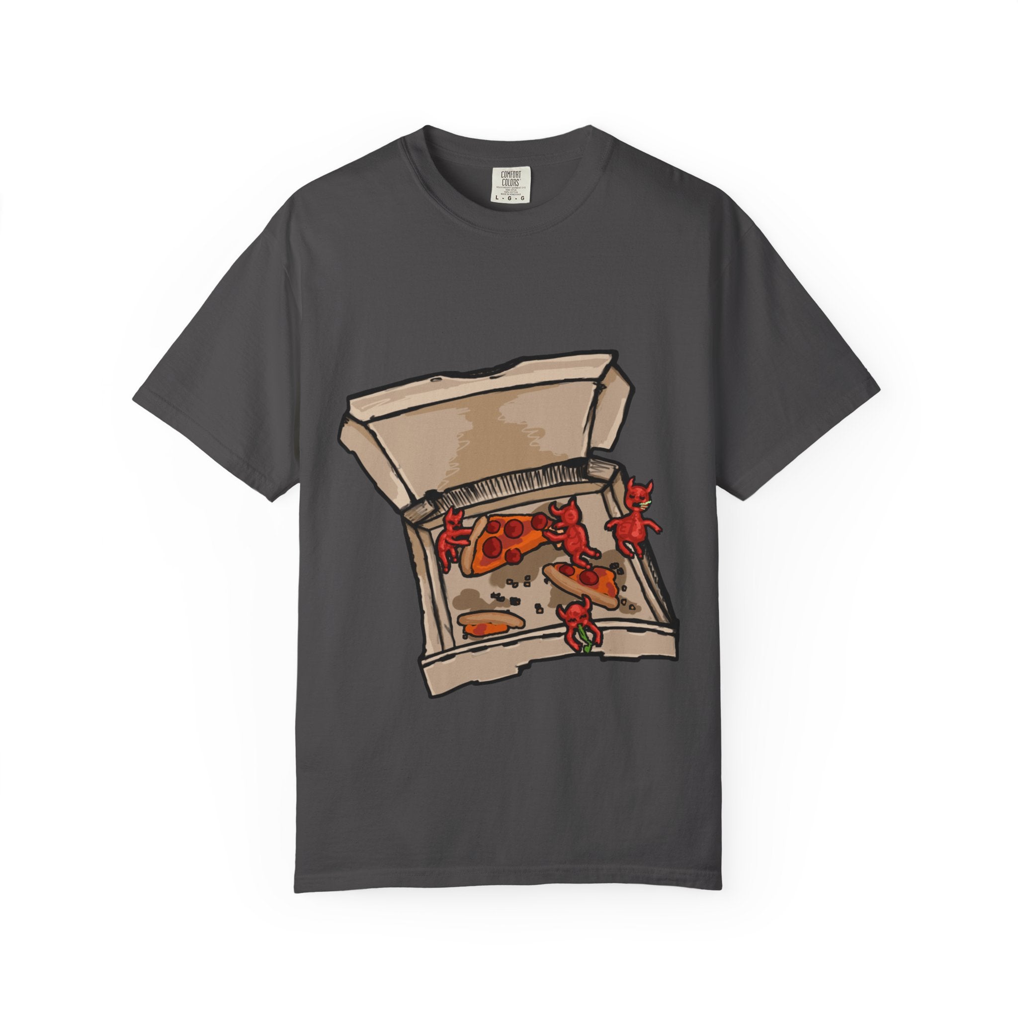 Hand-drawn little devils pizza box t-shirt showing open pizza box with cute red devils eating and stealing pepperoni pizza slices from PizzaBytes collection

