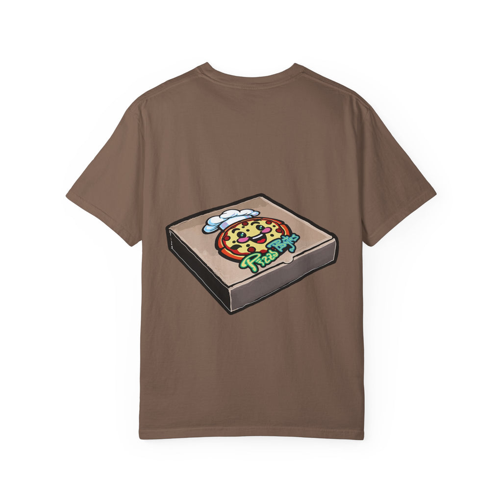 Hand-drawn toxic pizza stack t-shirt with glowing green pizza character and slimy tentacle on tee from PizzaBytes collection