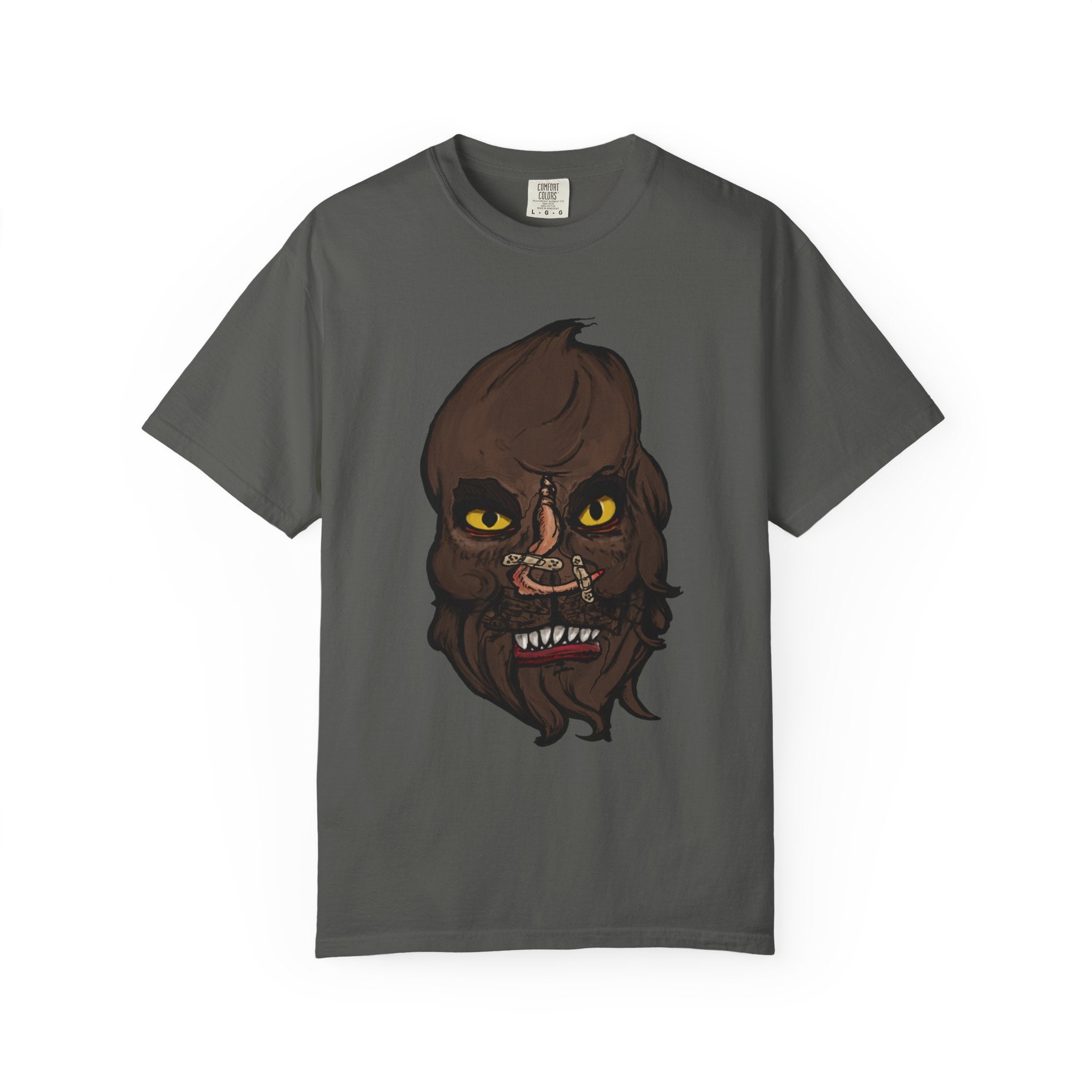 Freaky Features Werewolf t-shirt, front shows werewolf head with glowing yellow eyes and bandaged nose, back shows open pizza box with pepperoni pizza topped with mini cheeseburgers

