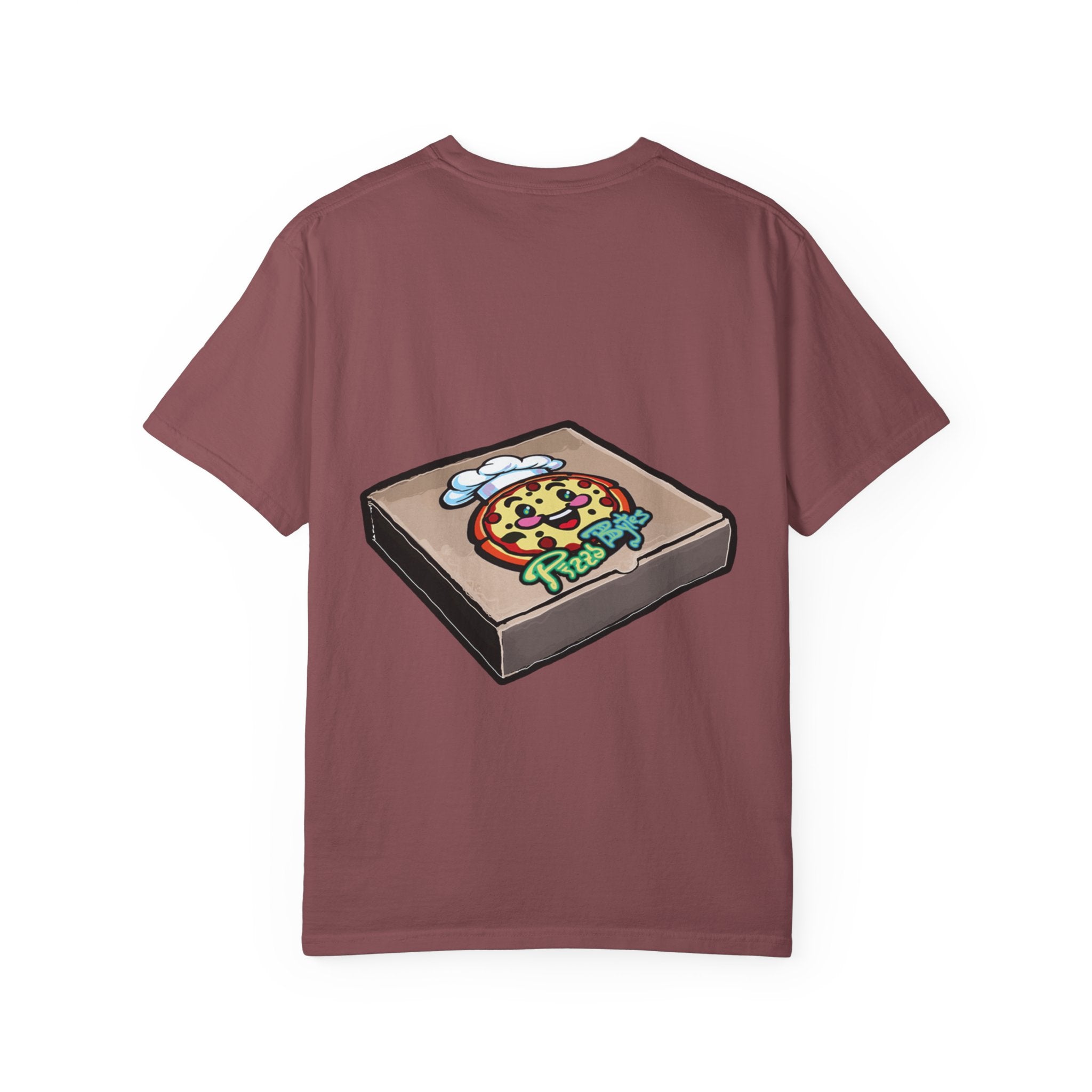 Hand-drawn toxic pizza stack t-shirt with glowing green pizza character and slimy tentacle on tee from PizzaBytes collection