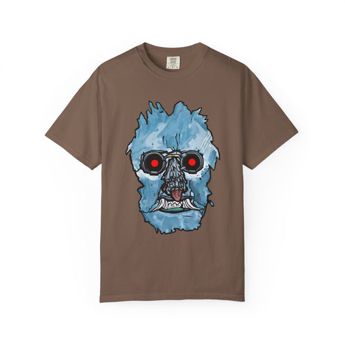 Freaky Features Iceman t-shirt, front shows frozen ice monster head with red goggles and fangs, back shows open pizza box with ice pizza inside
