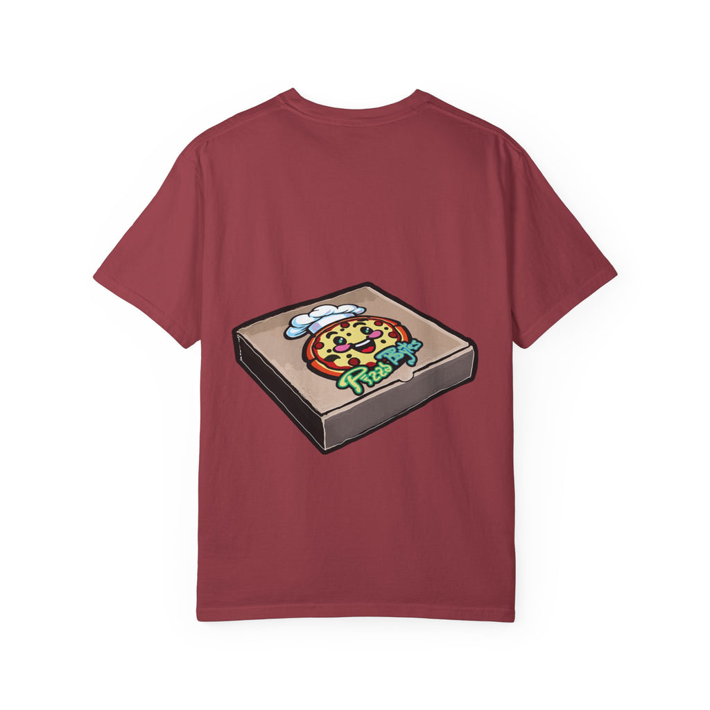 Hand-drawn brain pizza box t-shirt showing open pizza box with a detailed human brain pizza from PizzaBytes collection


